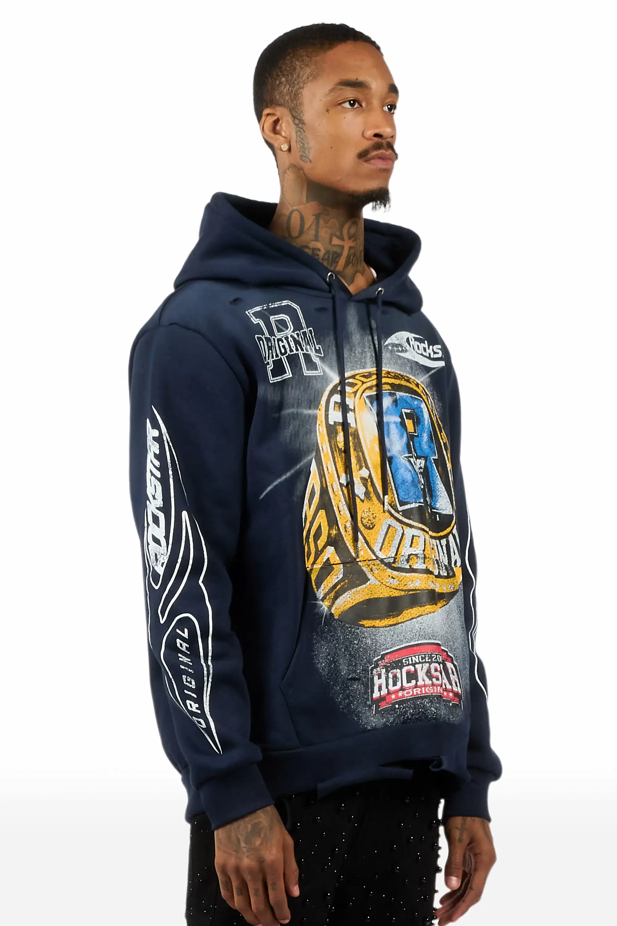 Gemchamp Navy Distressed Graphic Relaxed Hoodie - Image 3