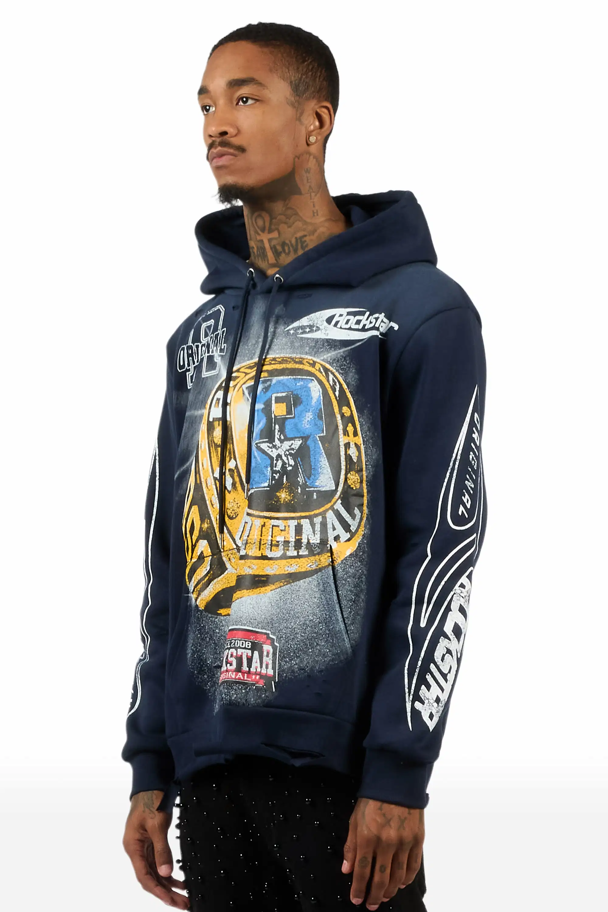 Gemchamp Navy Distressed Graphic Relaxed Hoodie - Image 5