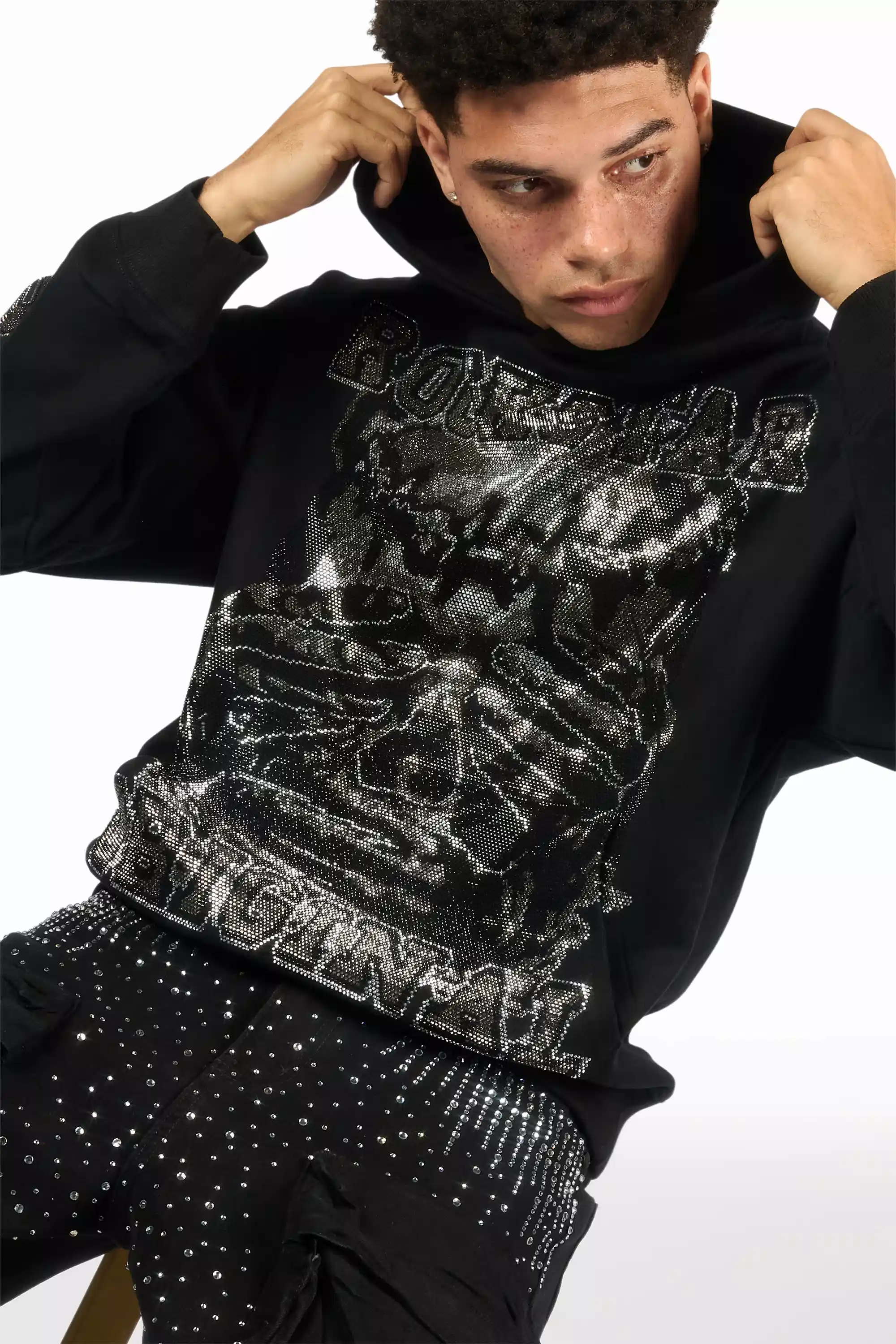 Move In Silence Black Rhinestone Oversized Hoodie - Image 3