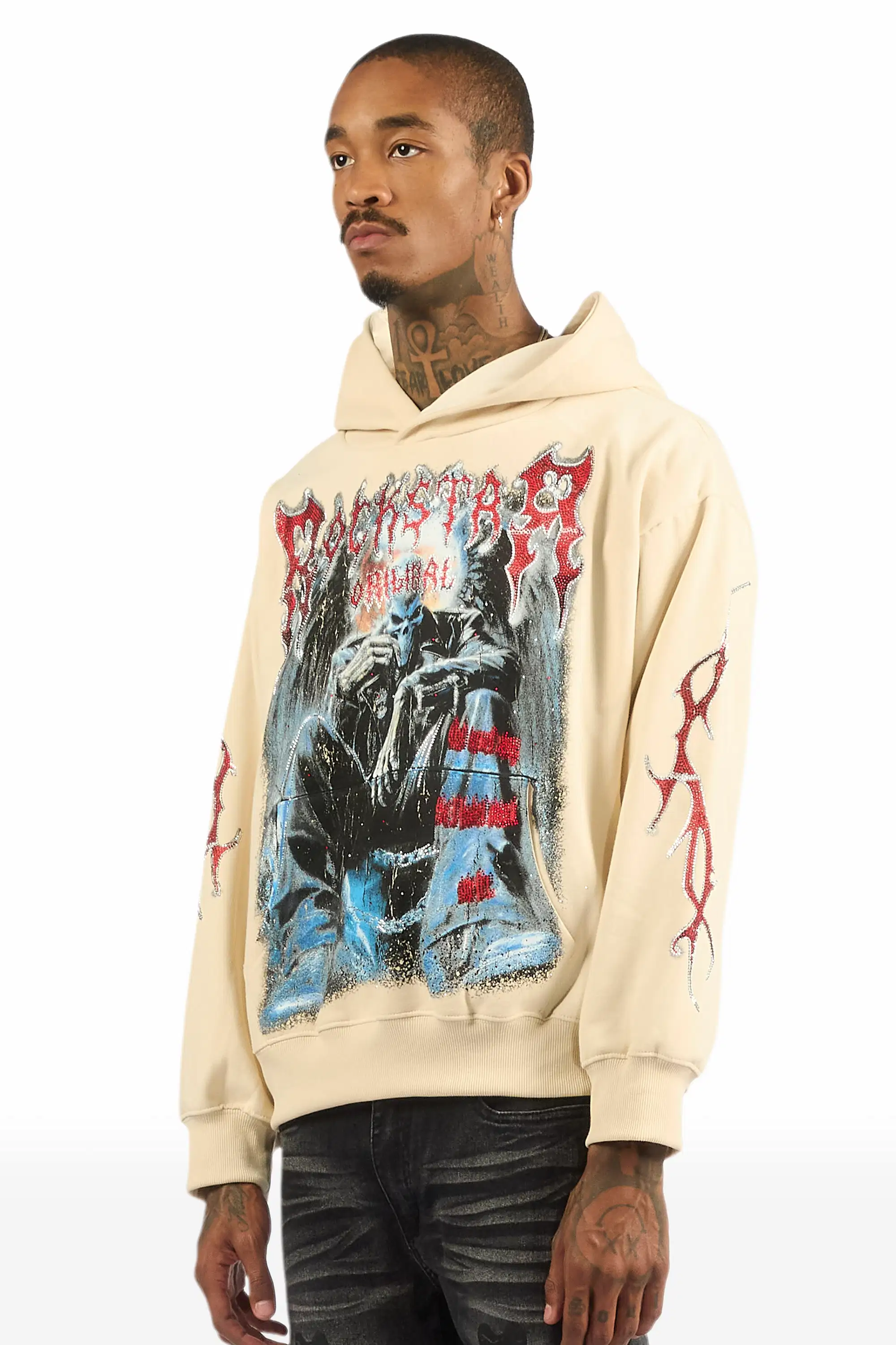 Krowne Beige Rhinestone Oversized Hoodie - Image 6