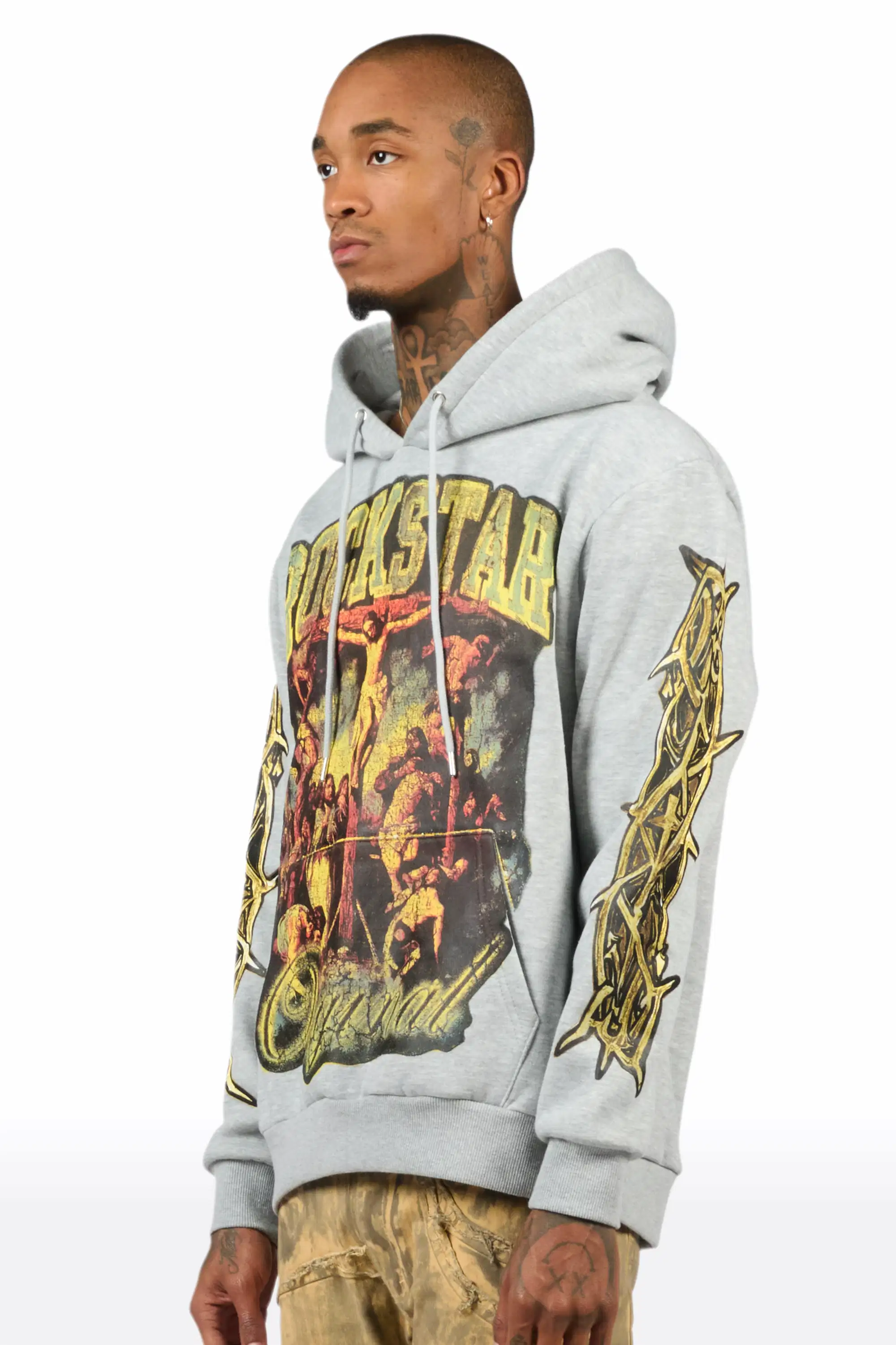 Waller Heather Grey Graphic Distressed Relaxed Hoodie - Image 4