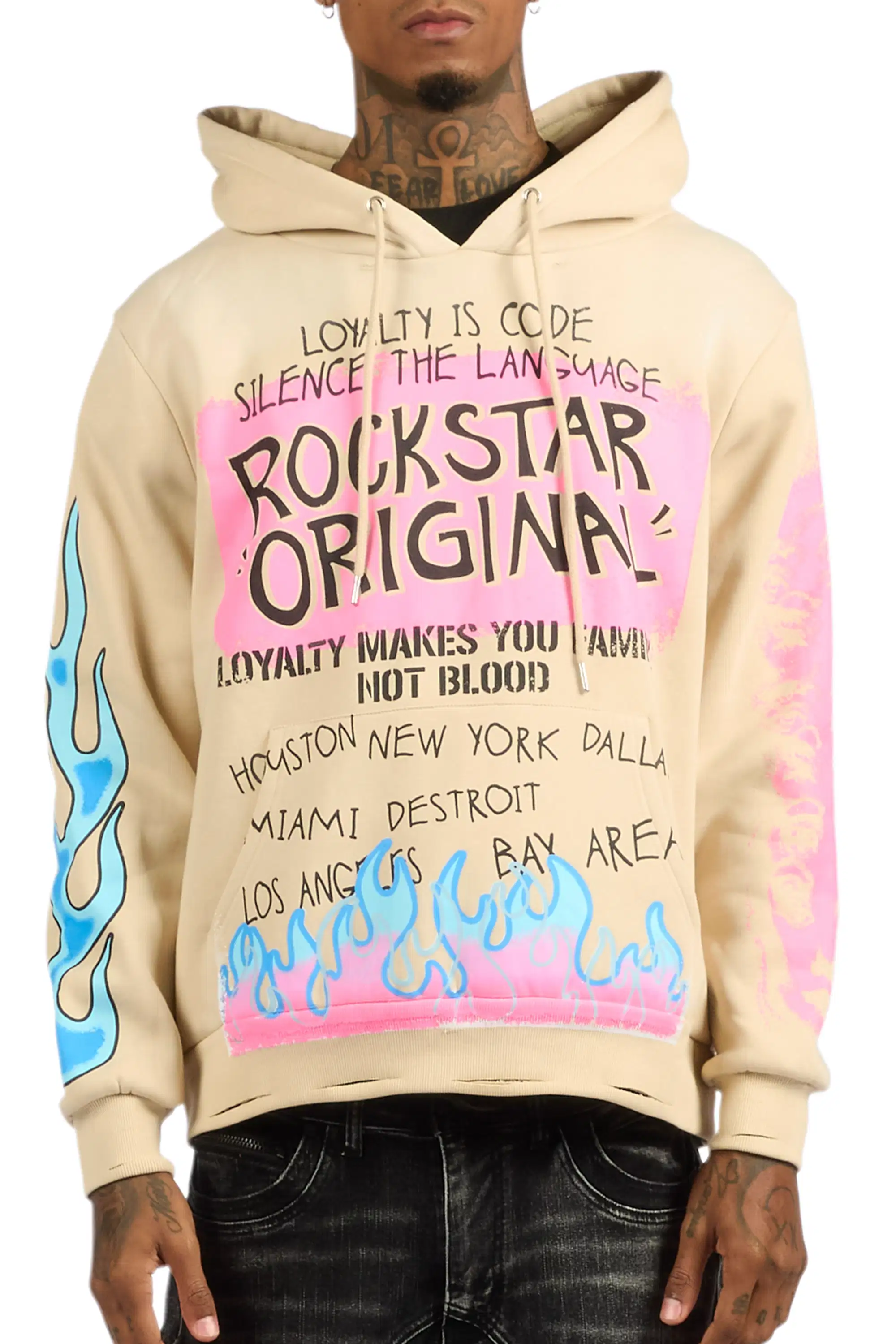 Beno Beige Distressed Graphic Relaxed Hoodie - Image 7