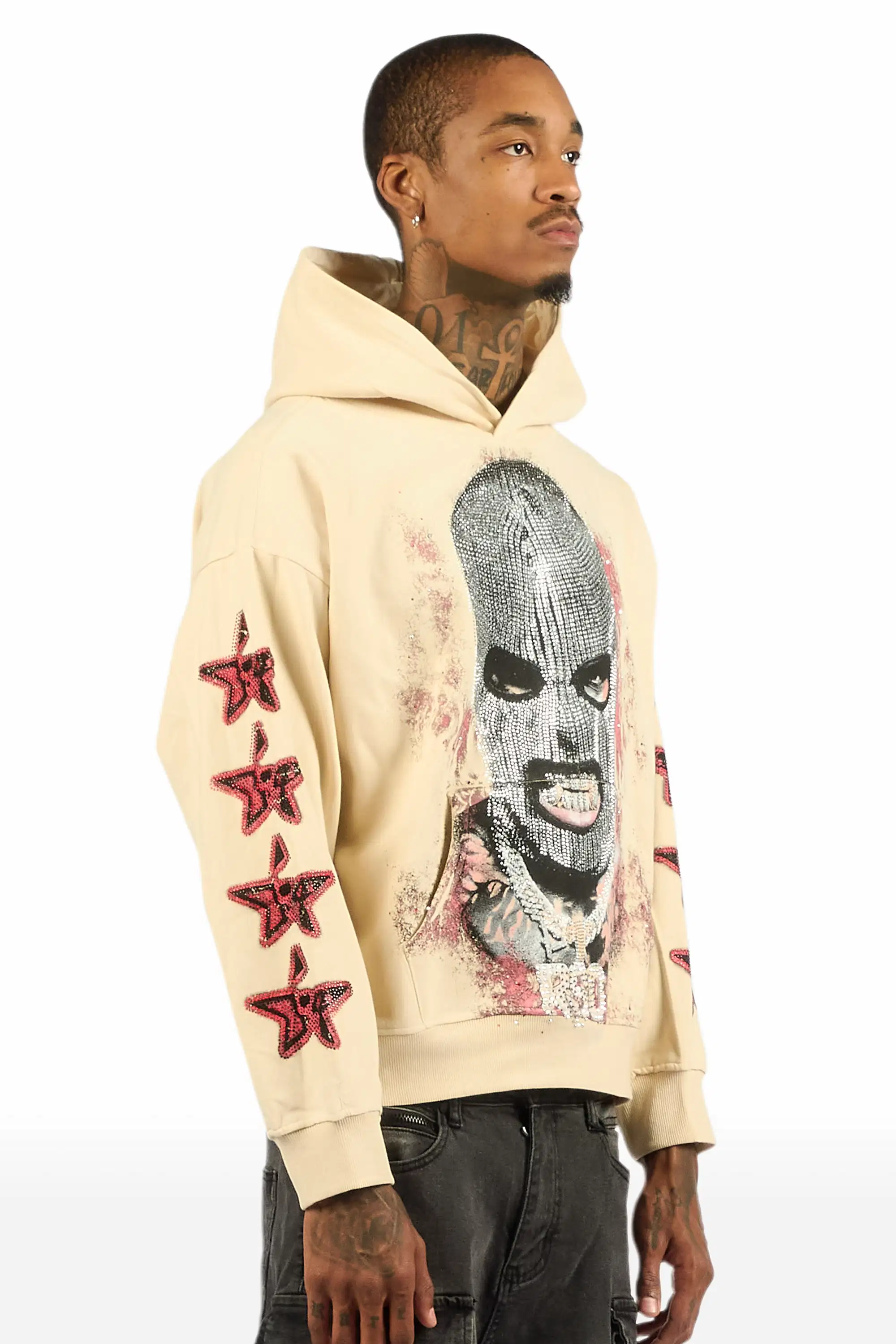 Tyvion Beige Rhinestone Oversized Hoodie - Image 4