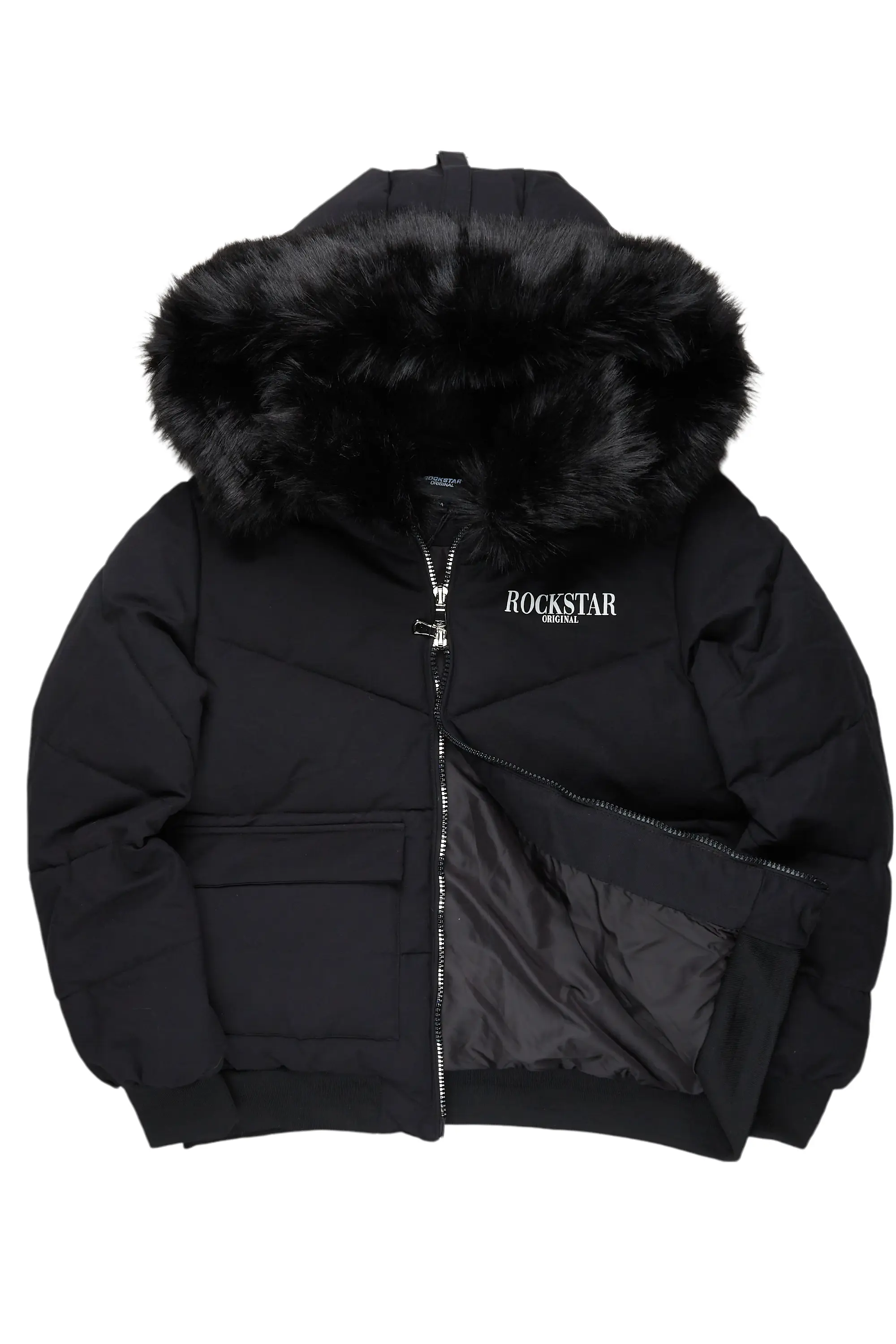 Langston Black Puffer Jacket with Fur Hood - Image 2