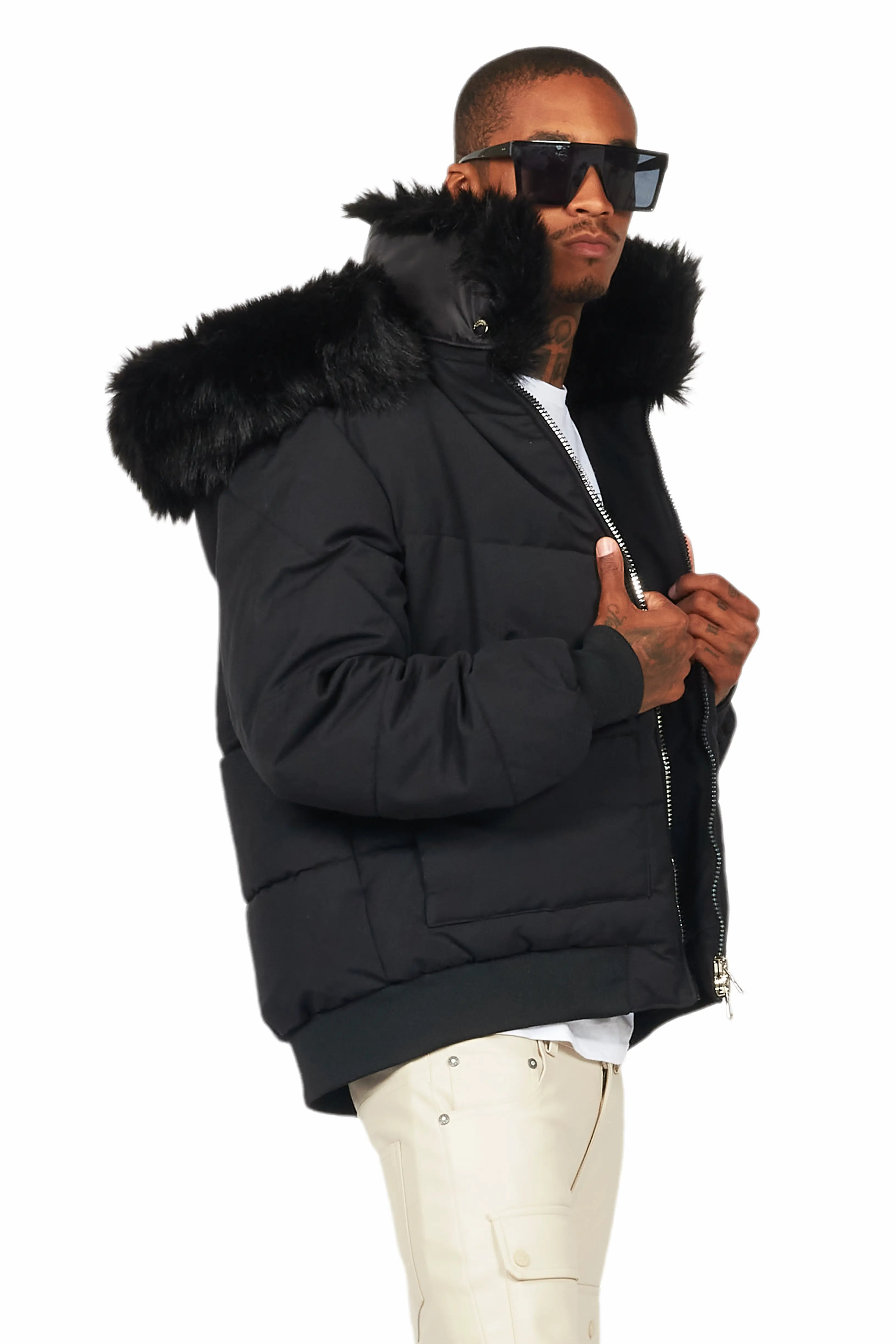 Langston Black Puffer Jacket with Fur Hood - Image 5