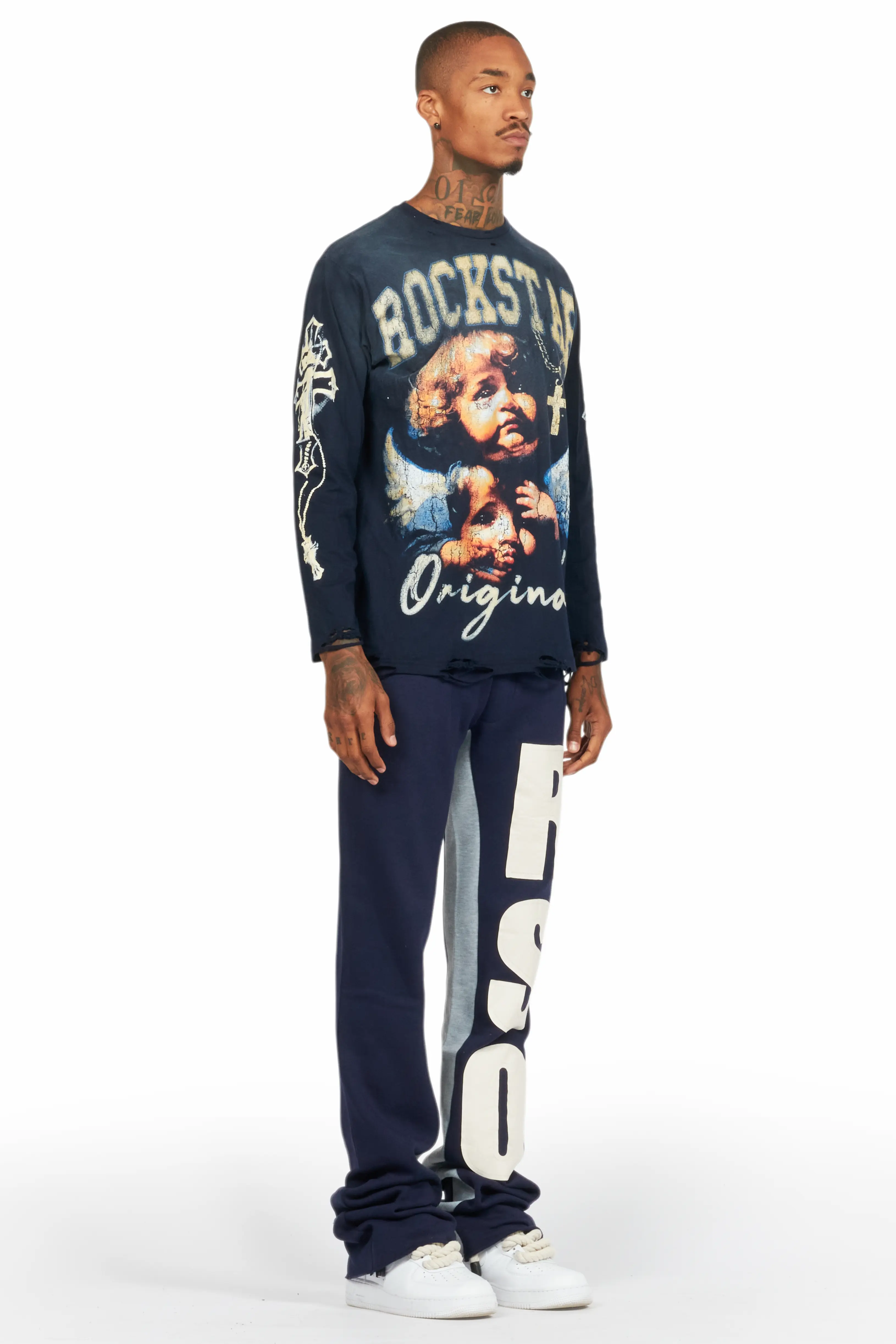 Uko Navy Stacked Baggy Track Pant - Image 4