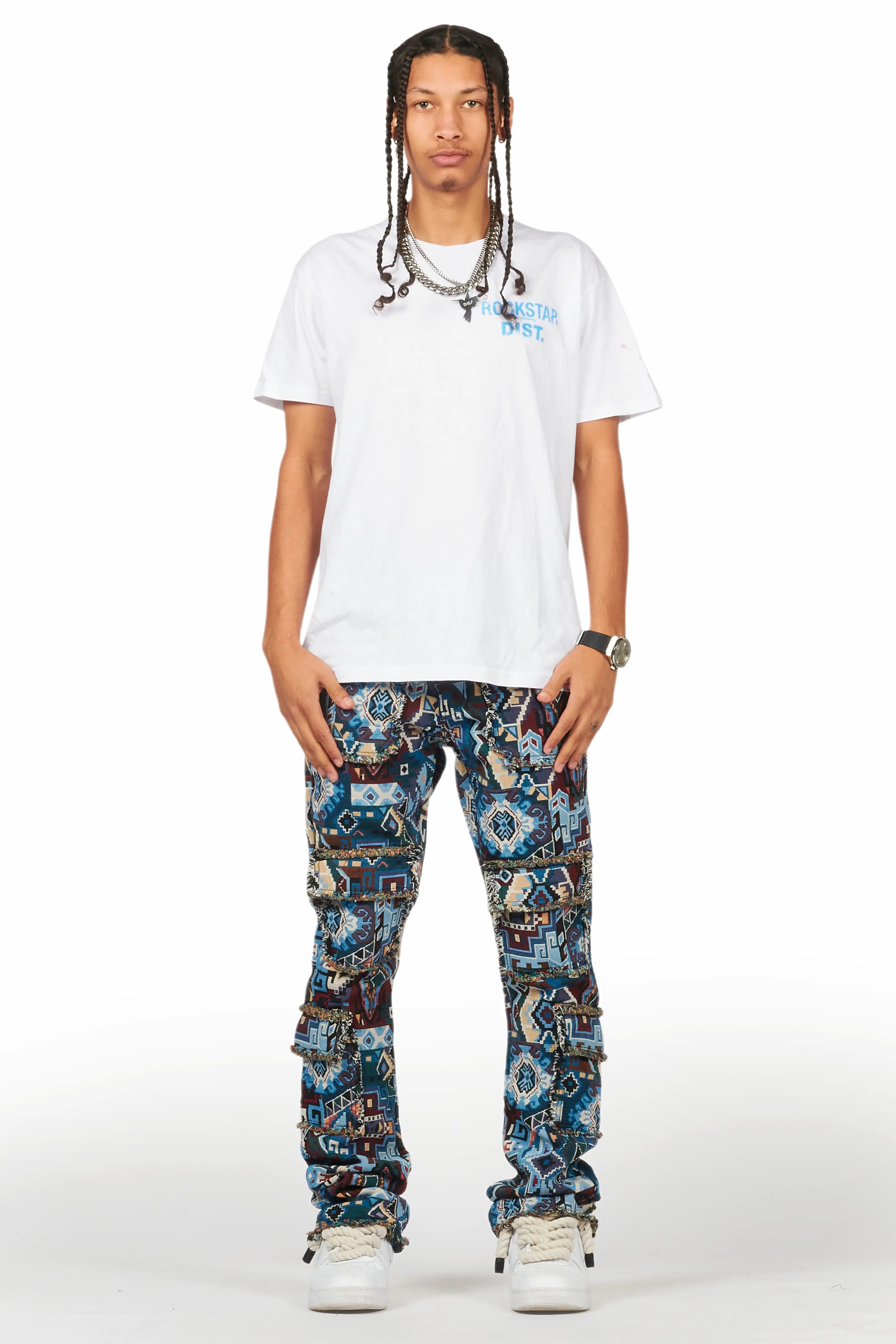 Tayami Tapestry Blue Cargo Stacked Flare Jean - Image 3