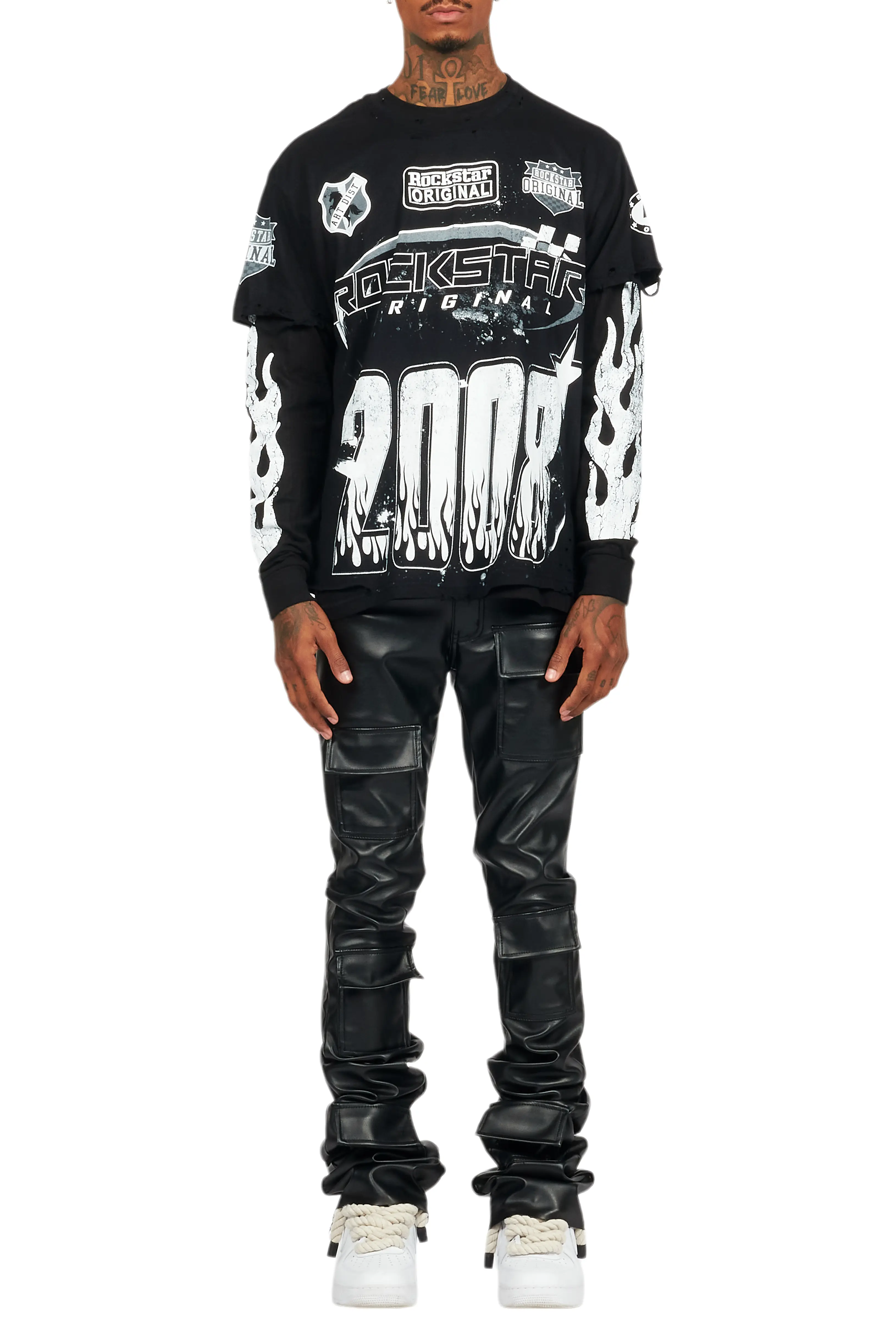 Petrus Black PU Stacked Flare Leather Jean - Image 10
