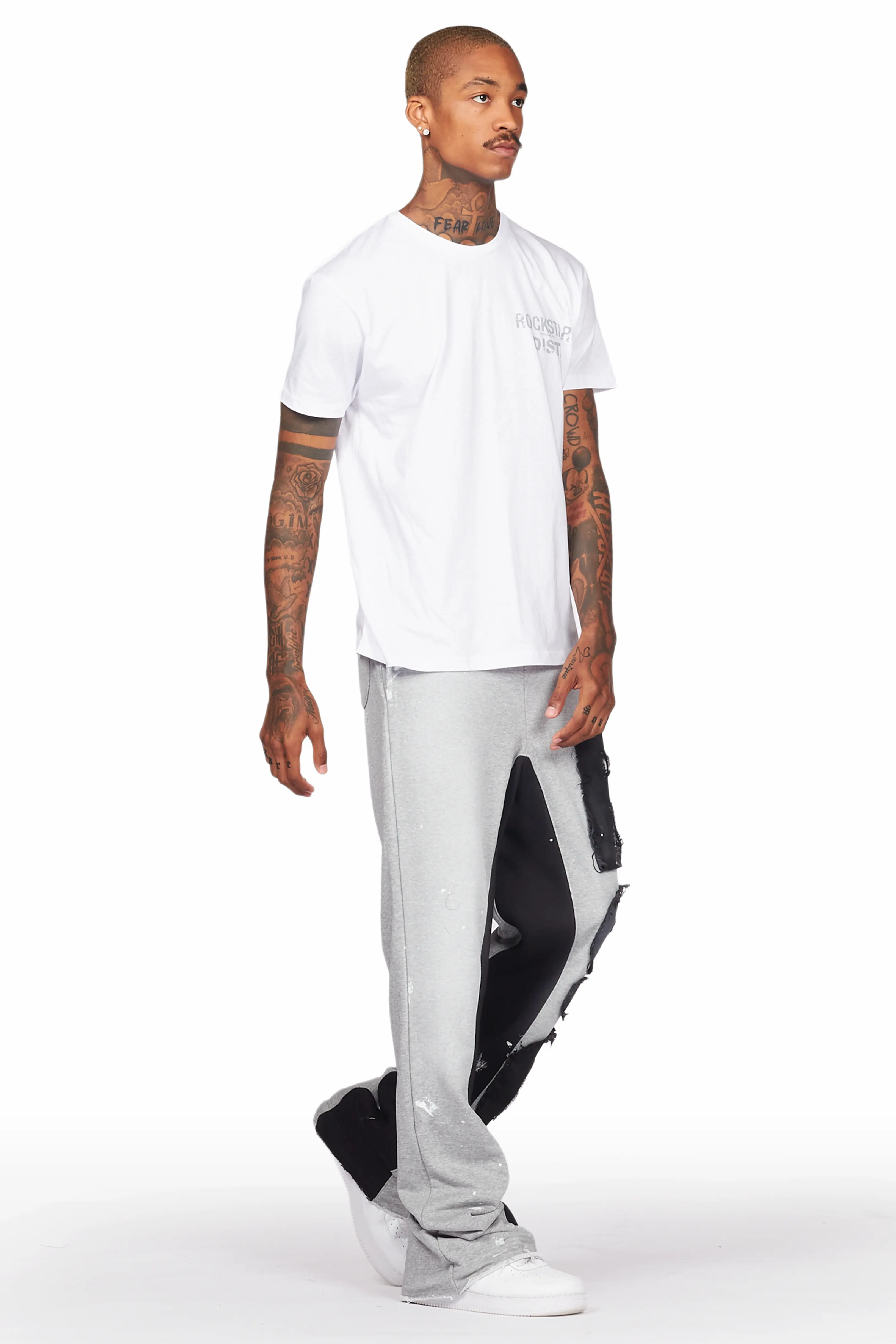 Acotas Grey Patchwork Stacked Baggy Flare Pants - Image 6
