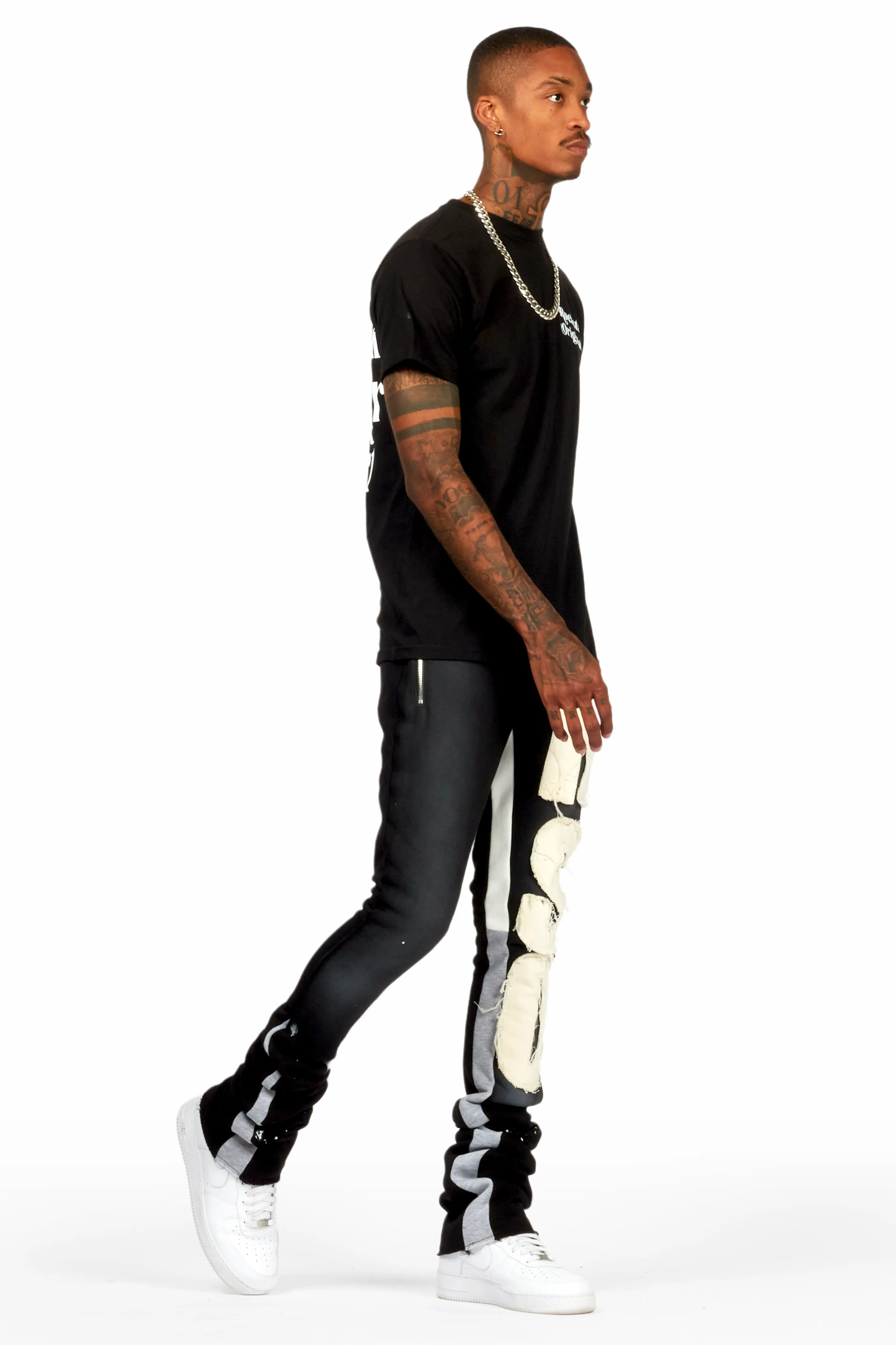 Acotas Black/Beige Patchwork Super Stacked Flare Pants - Image 7