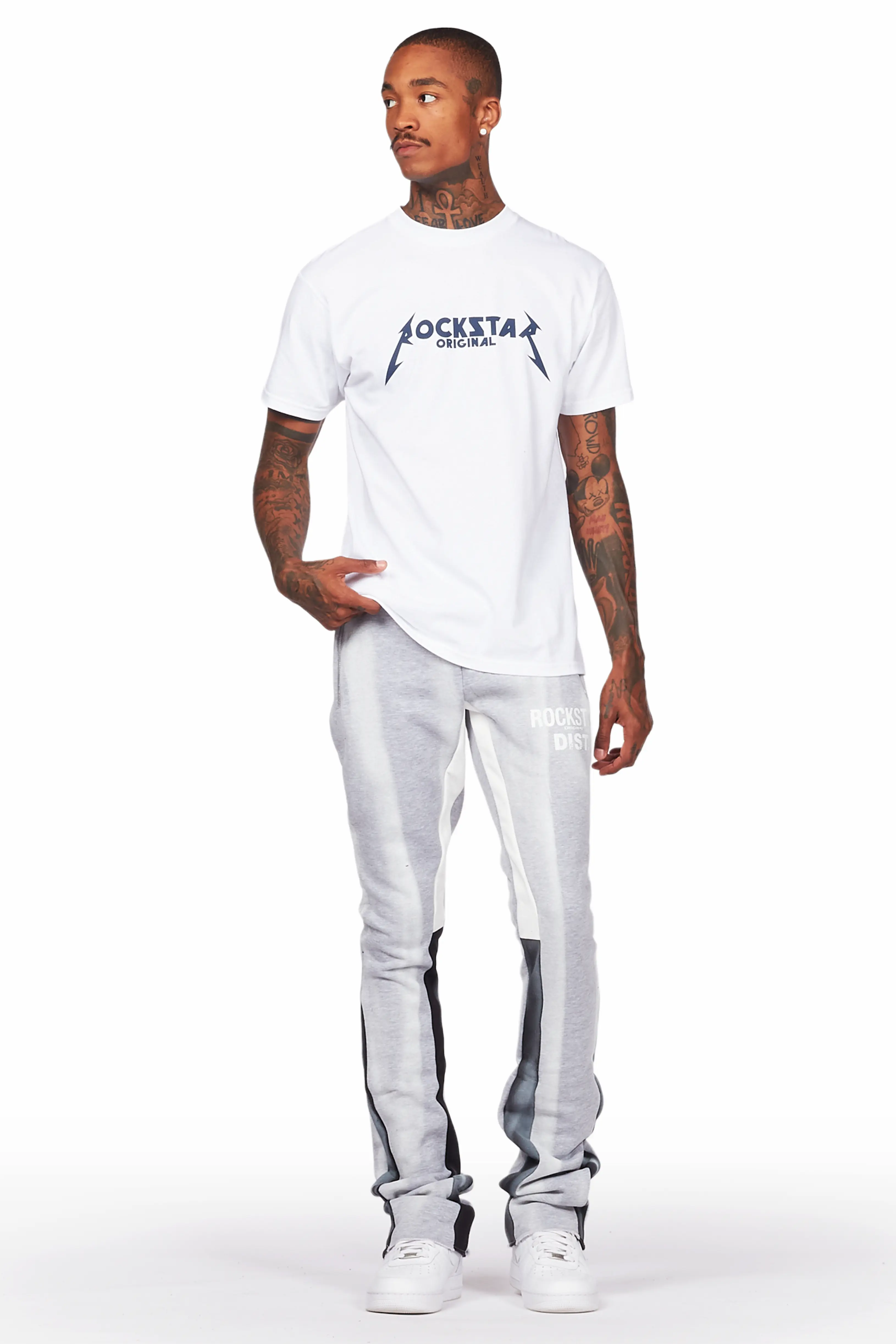 Firoz Grey/White Graphic Stacked Flare Pant - Image 3