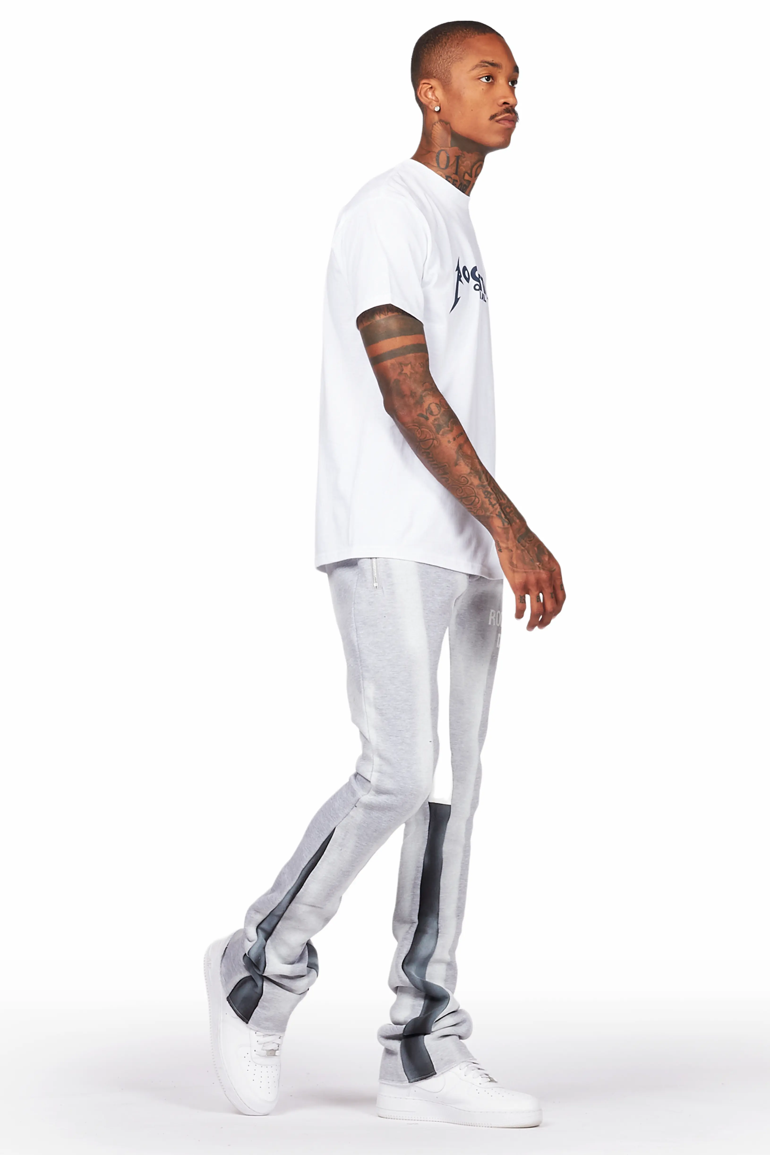 Firoz Grey/White Graphic Stacked Flare Pant - Image 8