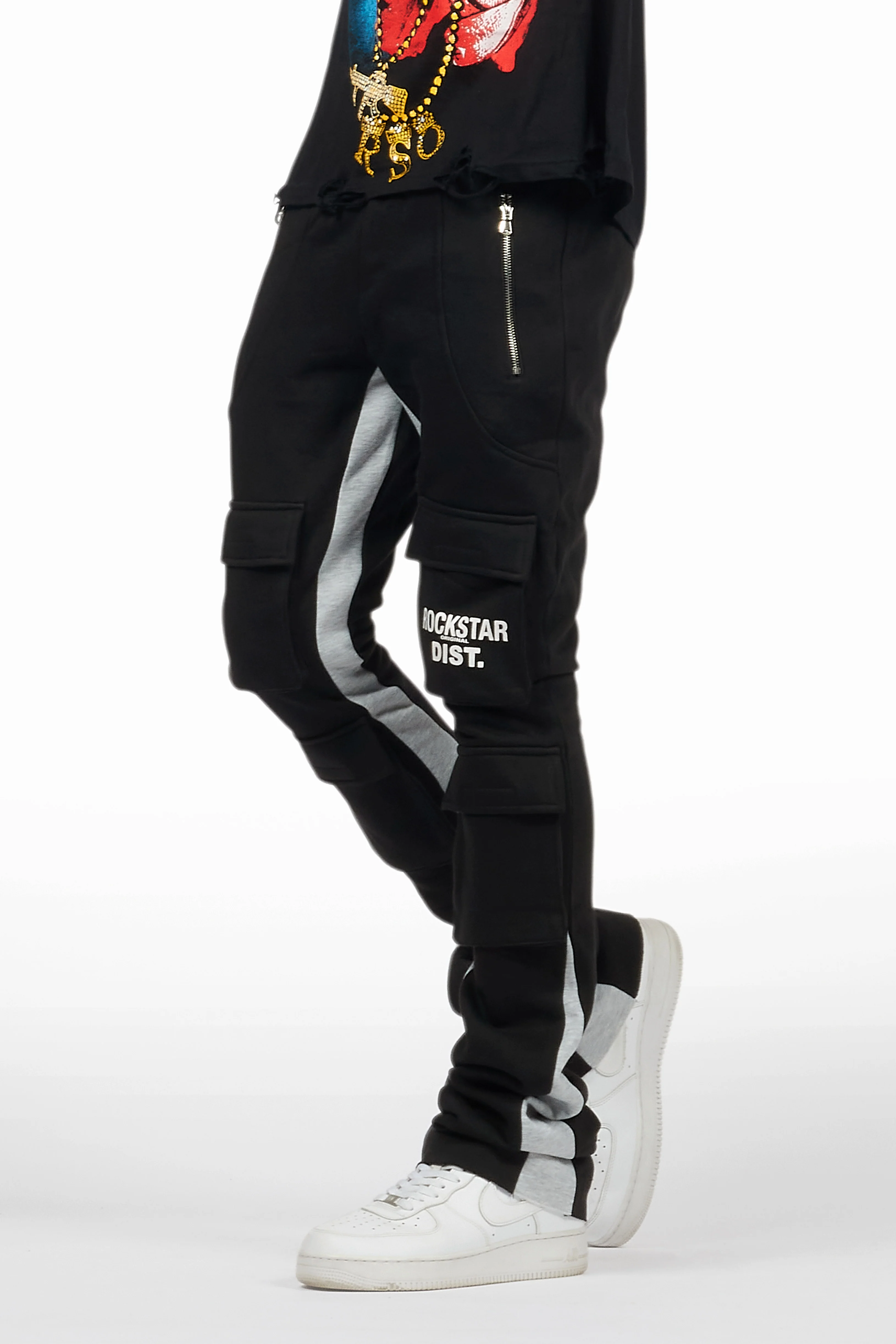 Antoon Black Stacked Flare Track Pant