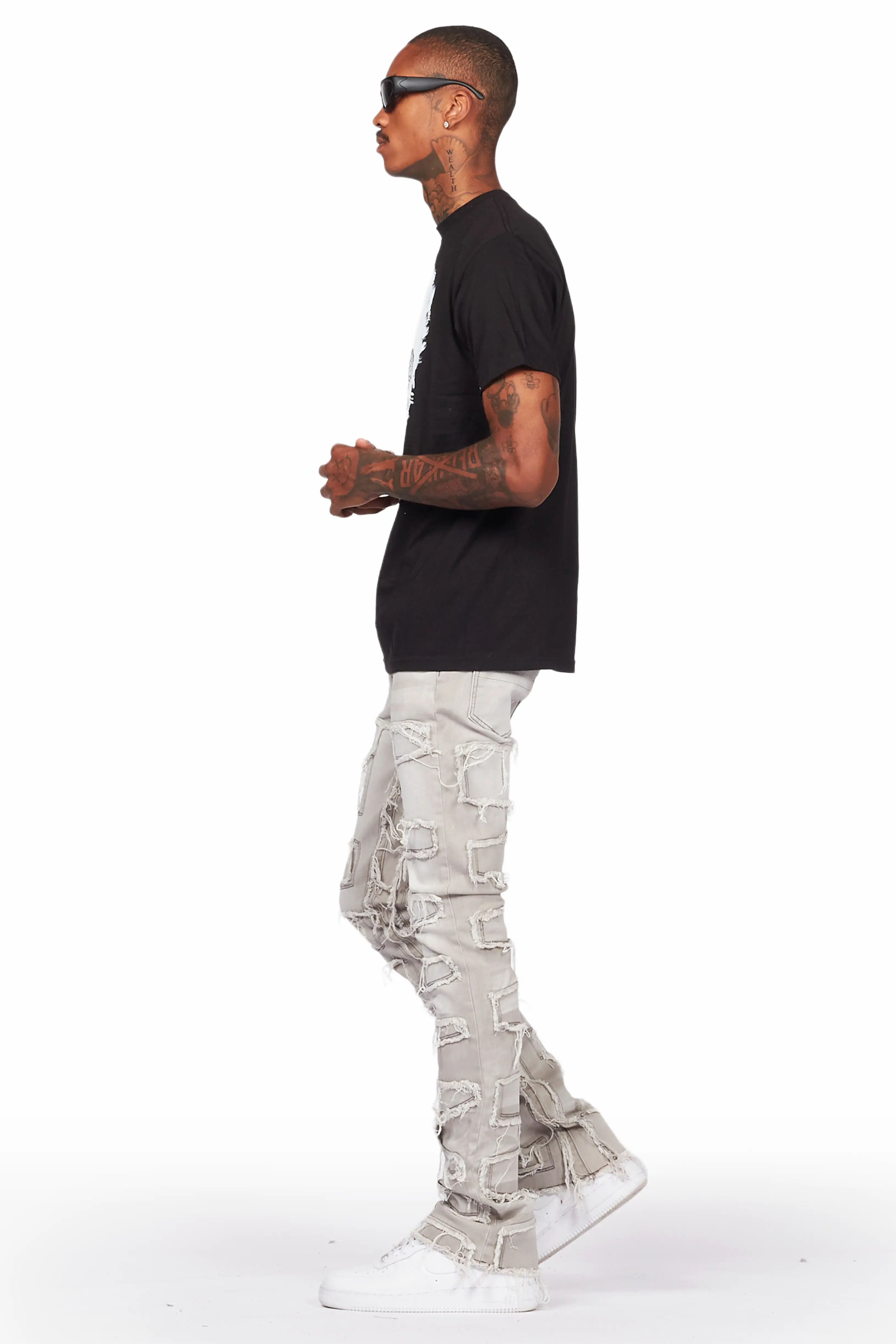 Ponce Black T-Shirt & Shake Grey Stacked Flare Jean Bundle - Image 5