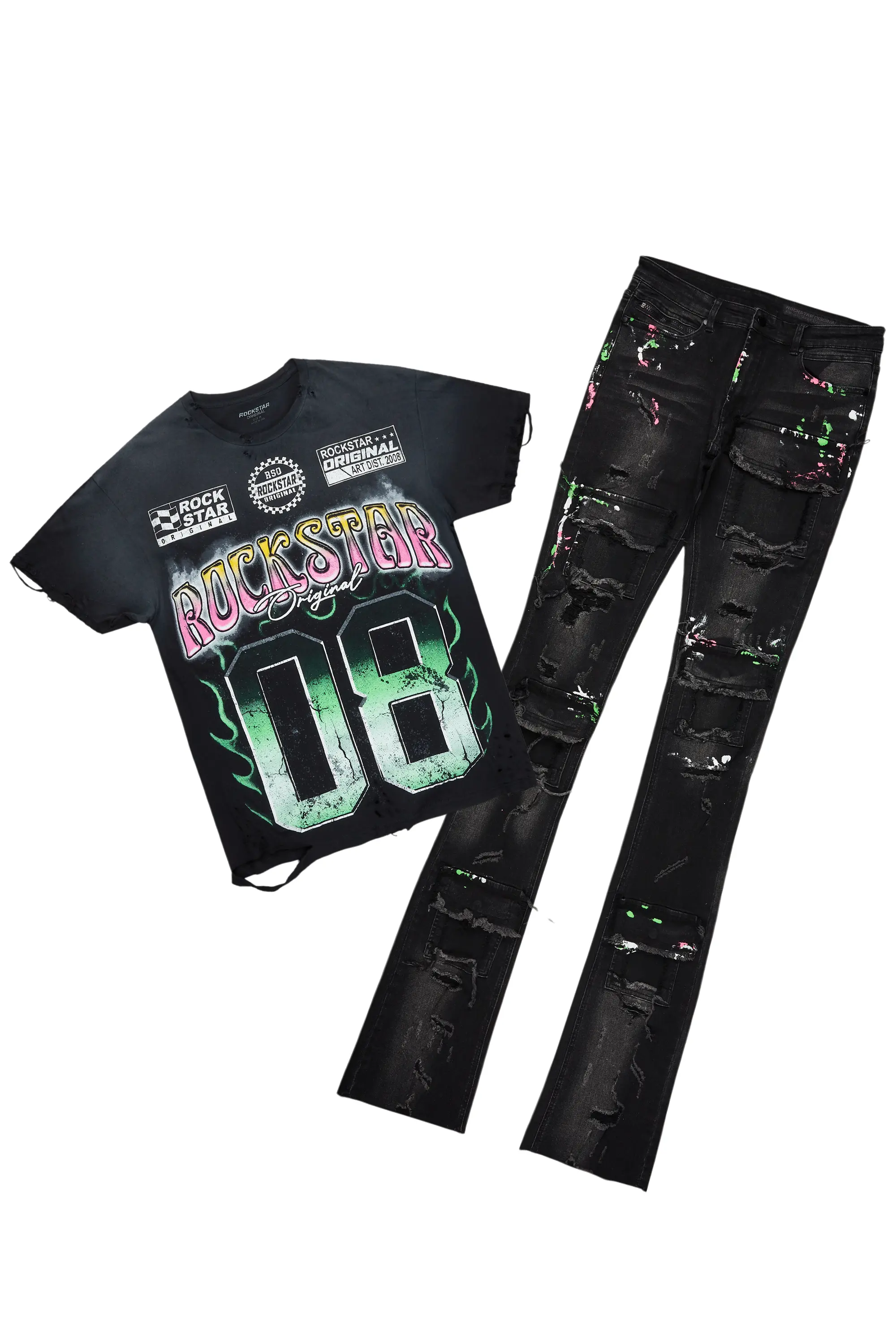 Quito Black Oversized T-Shirt/Super Stacked Flare Jean Bundle