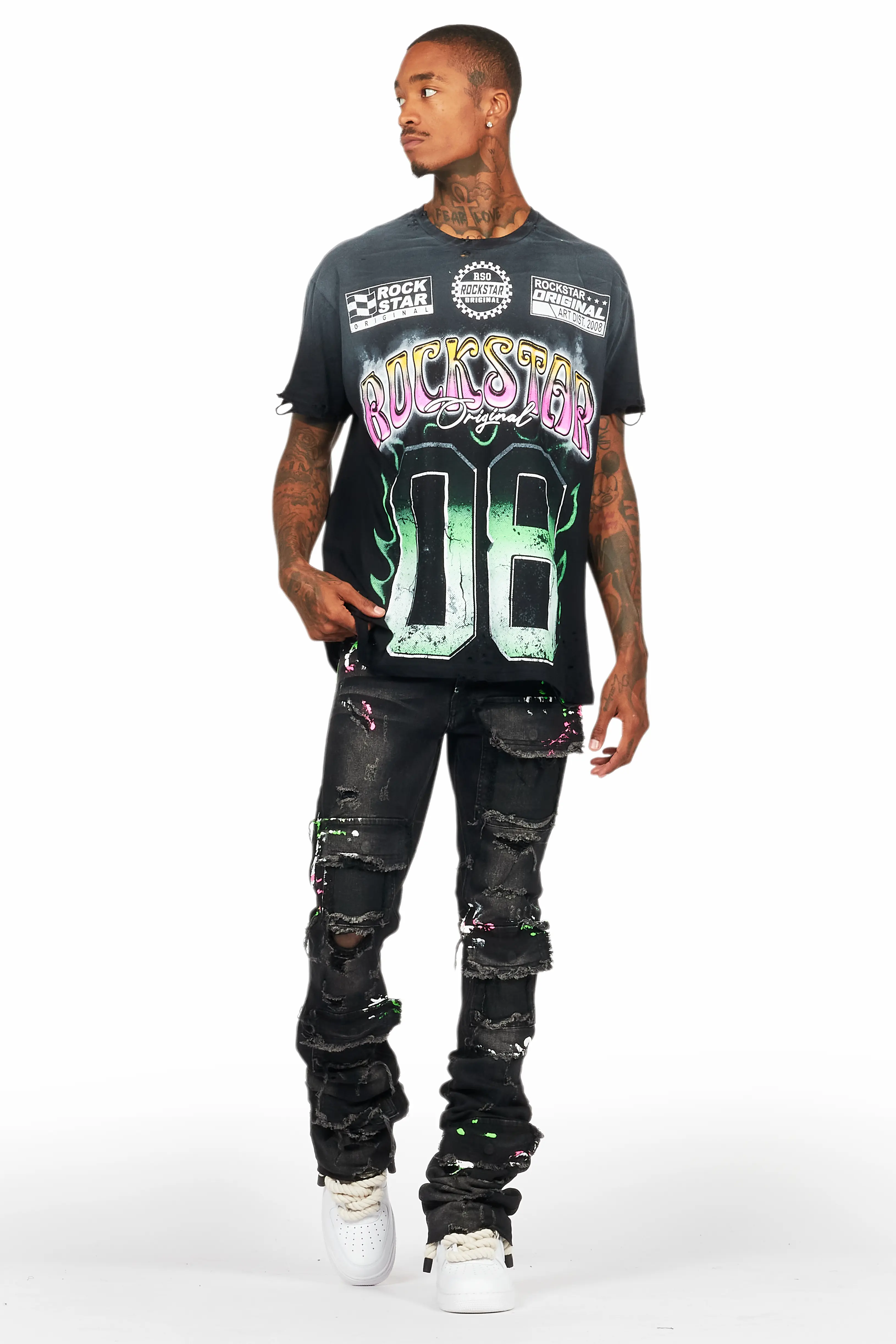 Quito Black Oversized T-Shirt/Super Stacked Flare Jean Bundle - Image 2