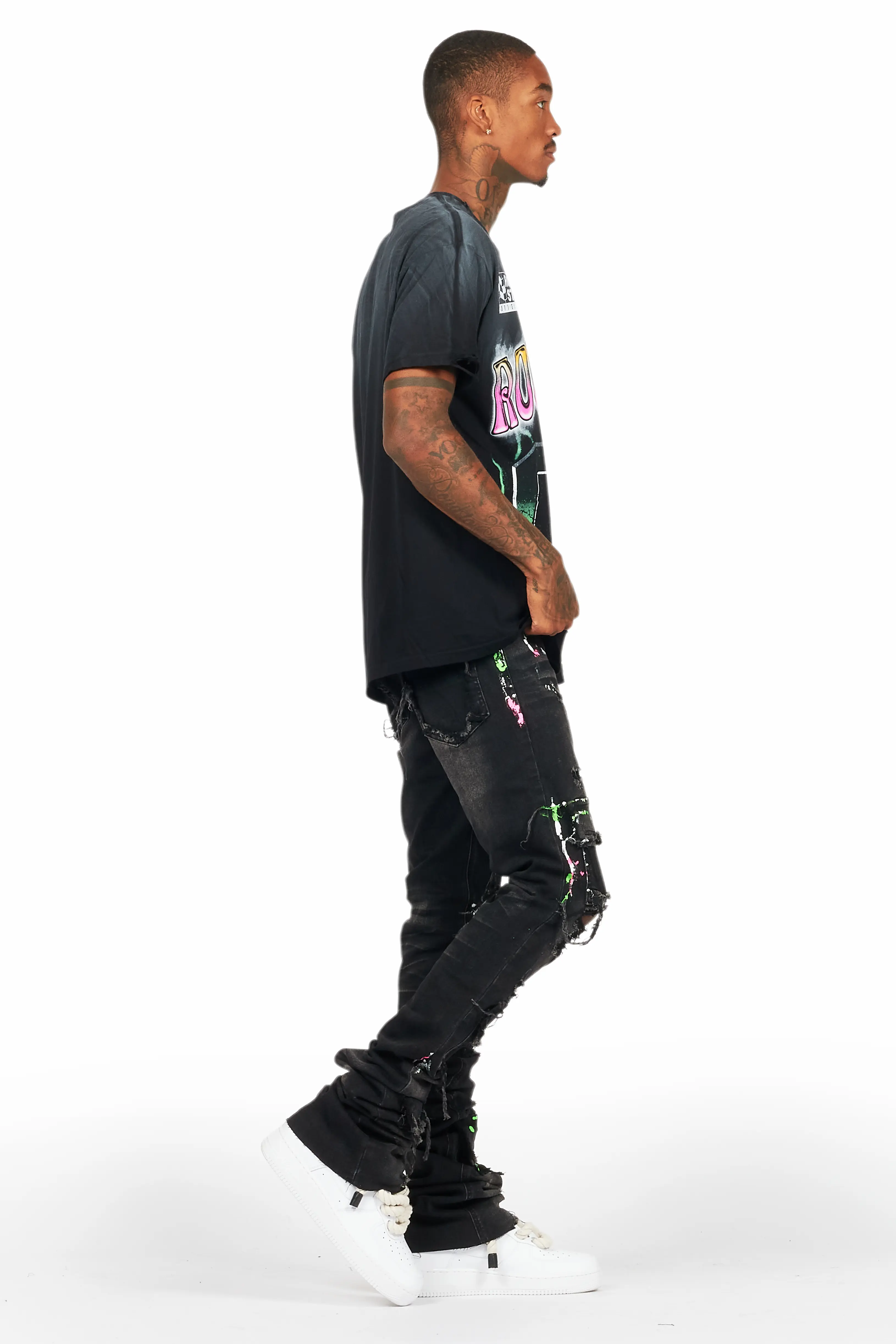 Quito Black Oversized T-Shirt/Super Stacked Flare Jean Bundle - Image 3