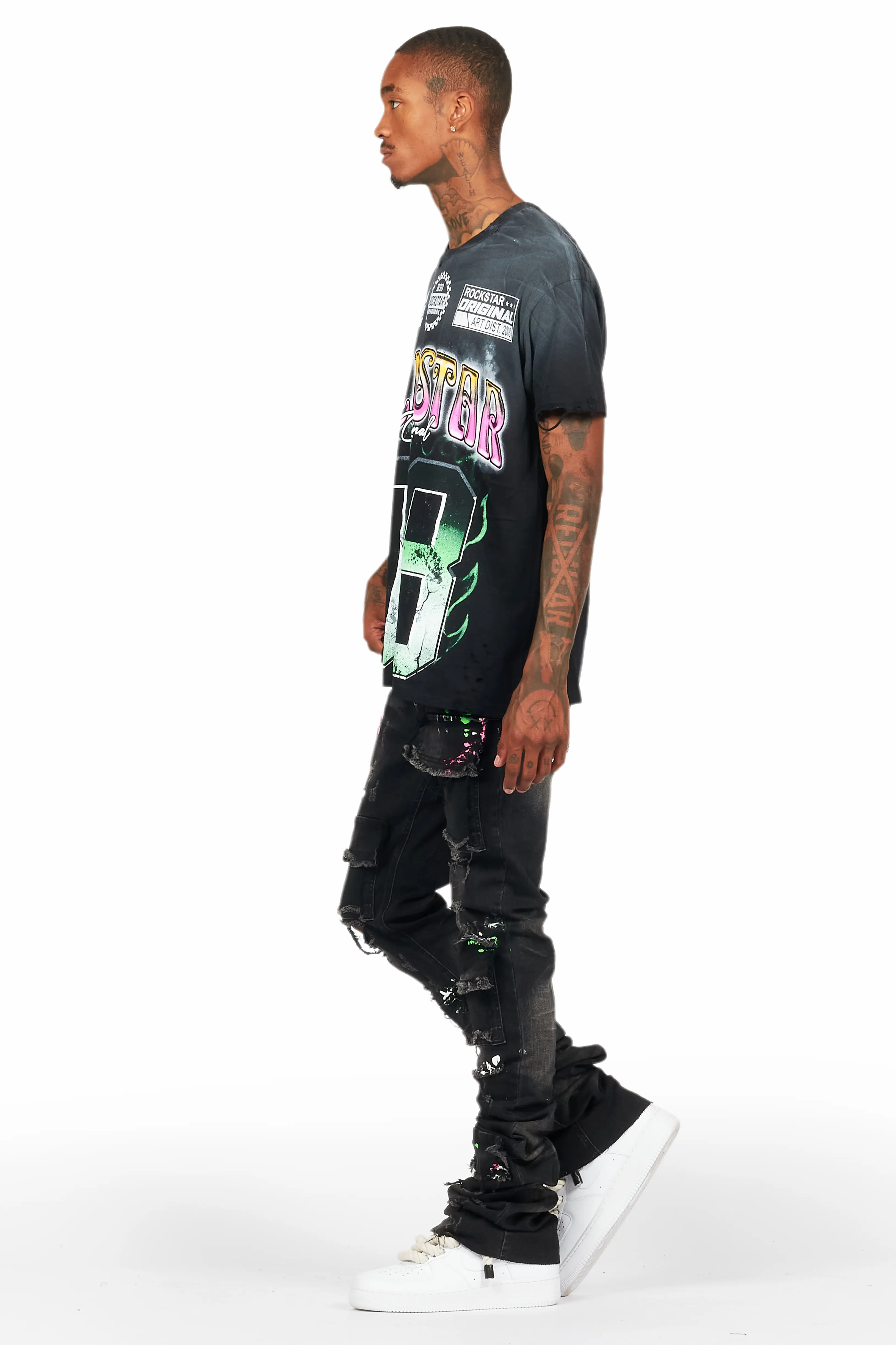 Quito Black Oversized T-Shirt/Super Stacked Flare Jean Bundle - Image 5