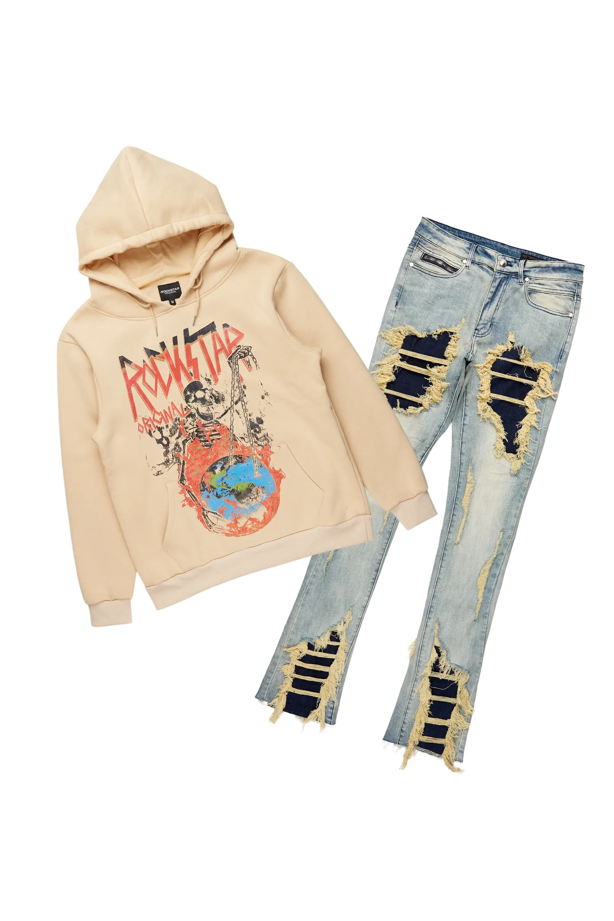 Barrett Beige Hoodie & Fateh Stacked Jean Bundle