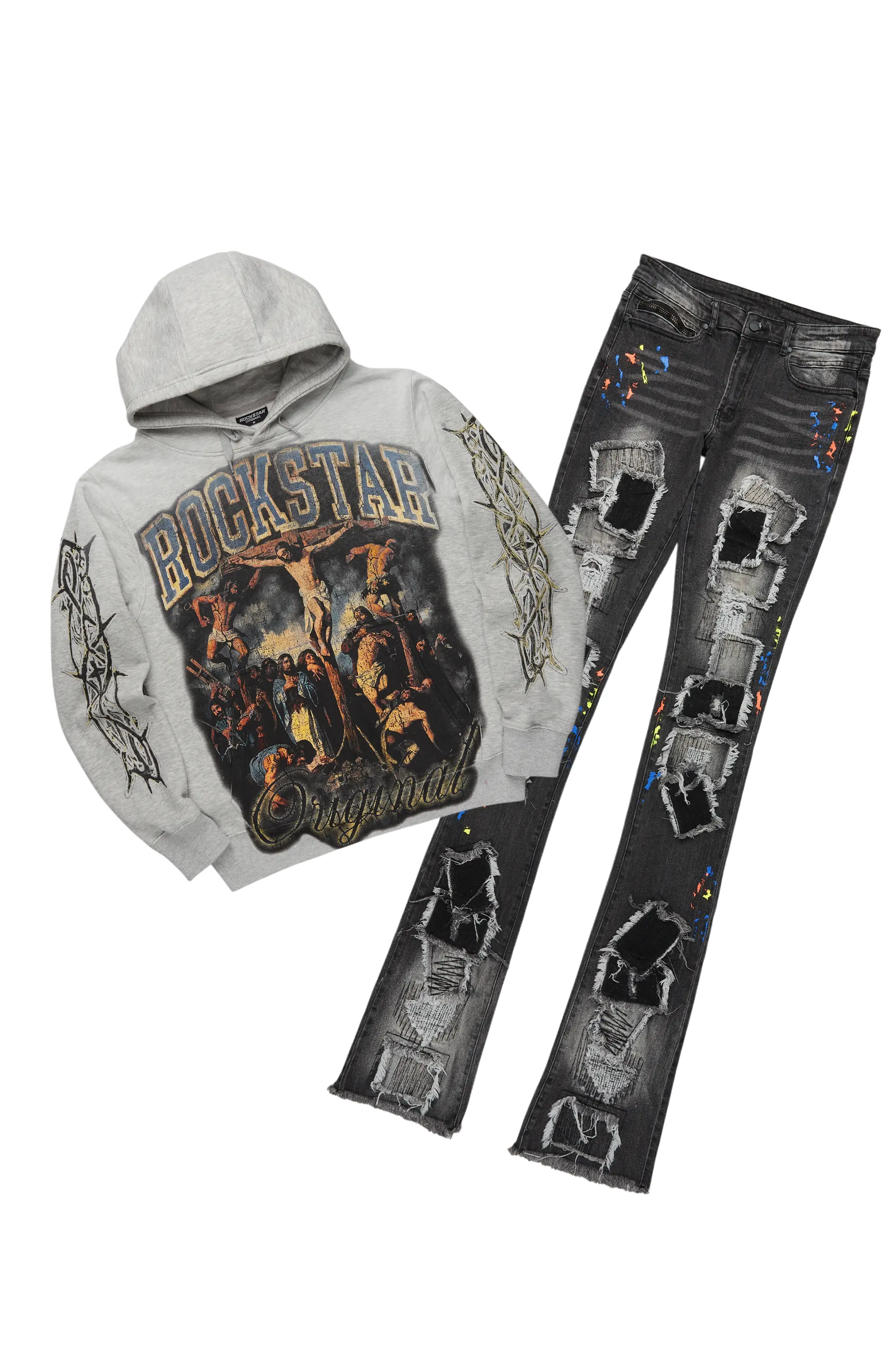 Waller Heather Grey Hoodie/Super Stacked Flare Jean Bundle