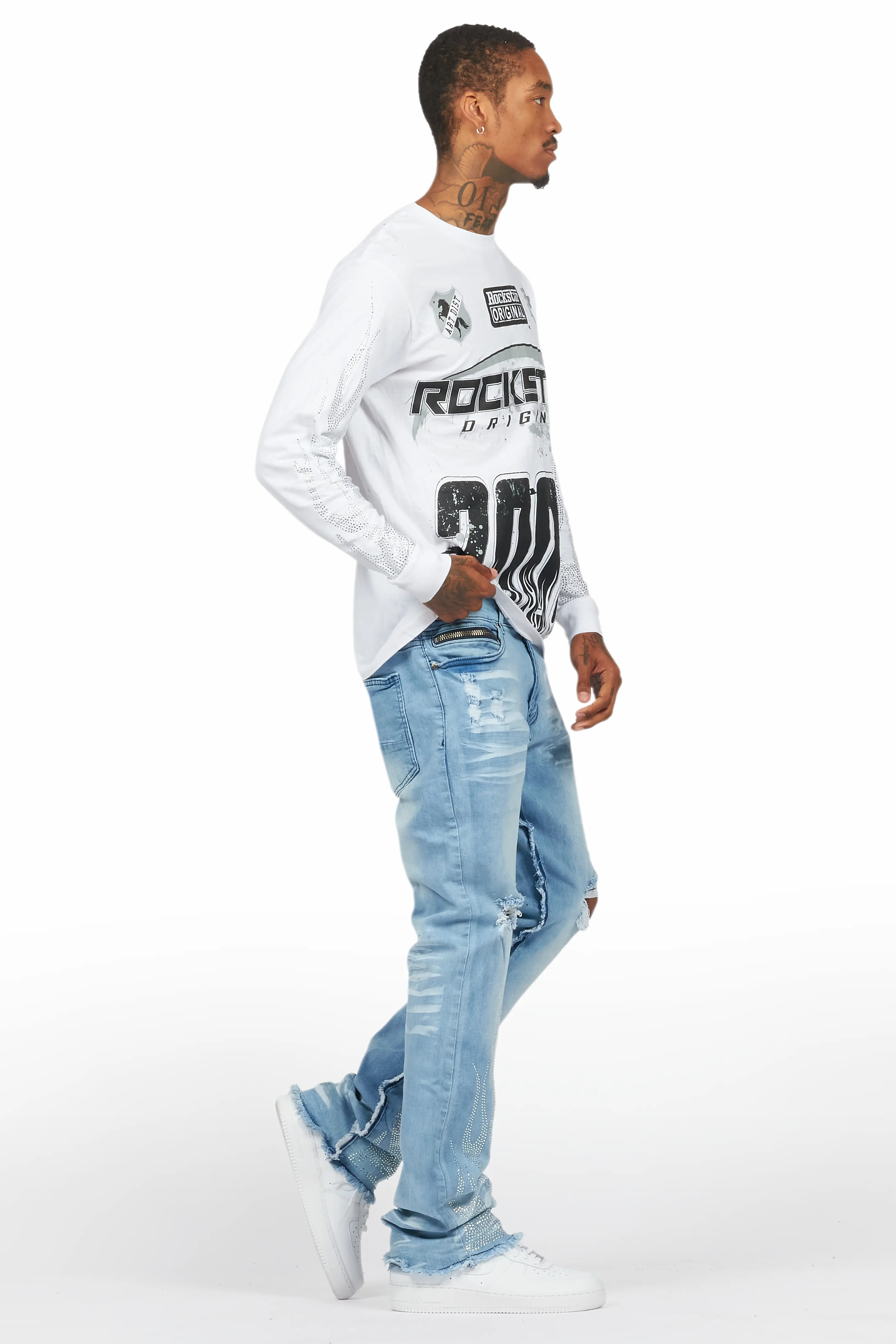 Amos White/Blue Rhinestone Long Sleeve T-Shirt/Stacked Flare Jean Set - Image 3