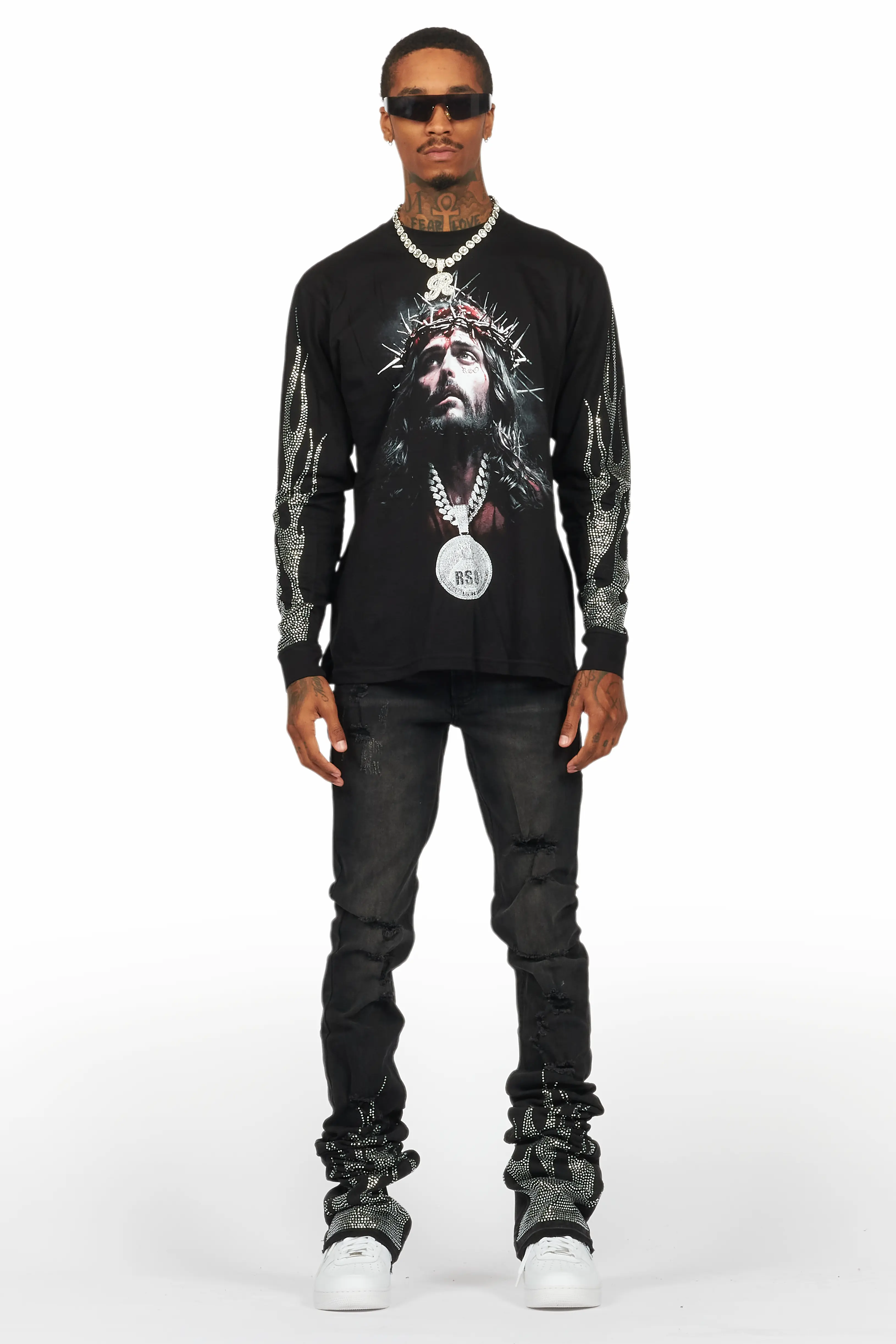 Amina Black Rhinestone Long Sleeve T-Shirt/Super Stacked Flare Jean Set - Image 2