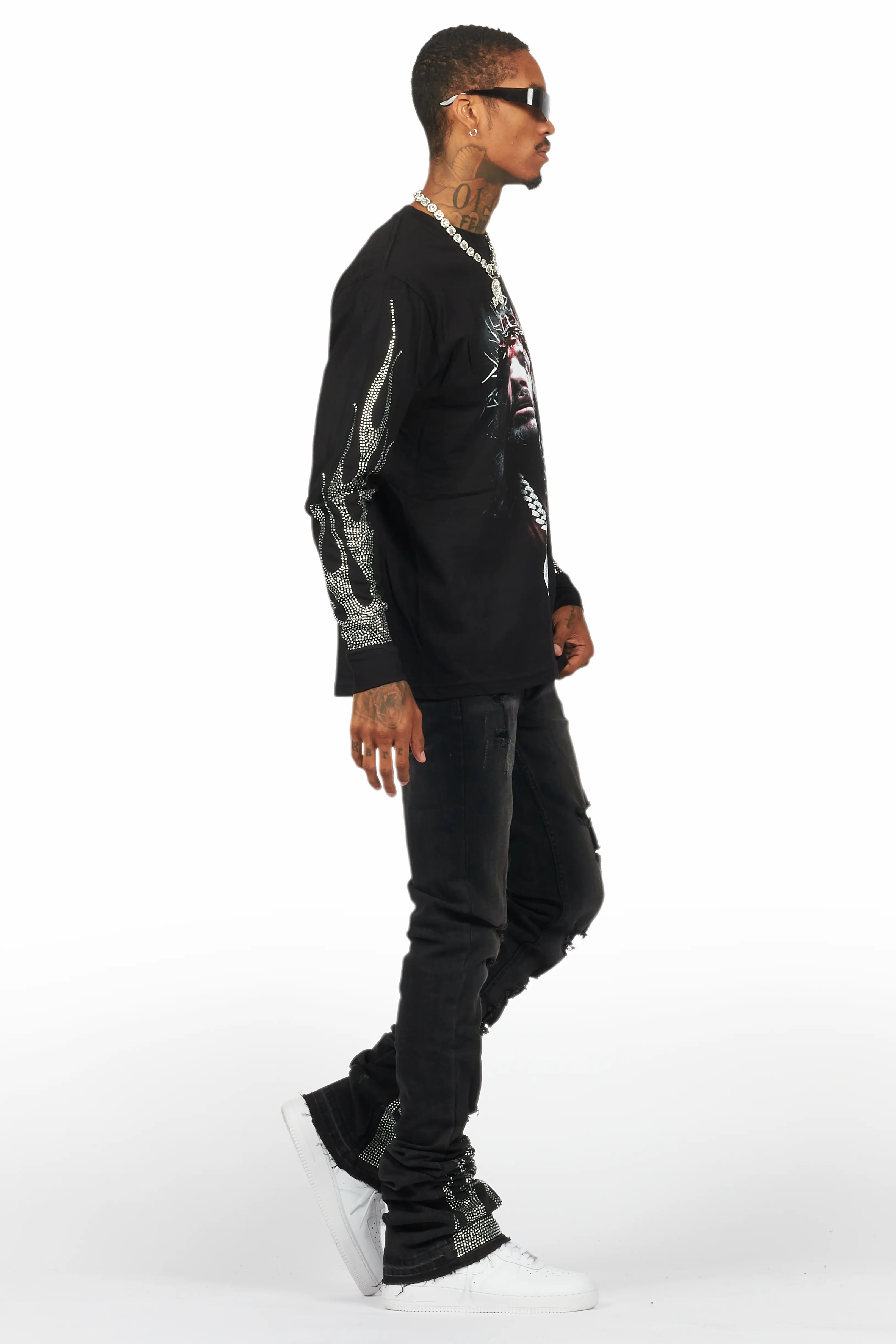 Amina Black Rhinestone Long Sleeve T-Shirt/Super Stacked Flare Jean Set - Image 3