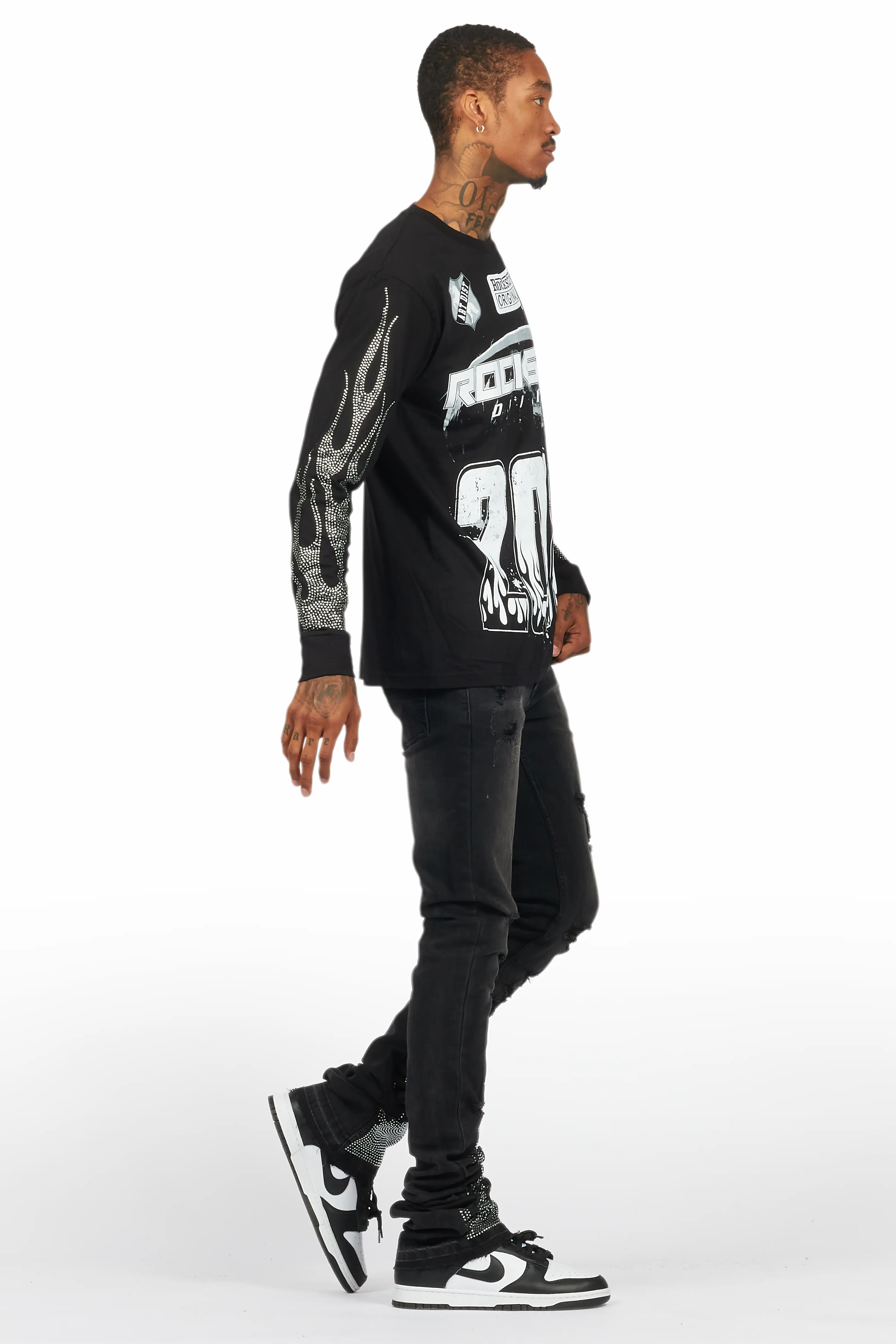 Amos Black Rhinestone Long Sleeve T-Shirt/Super Stacked Flare Jean Set - Image 3