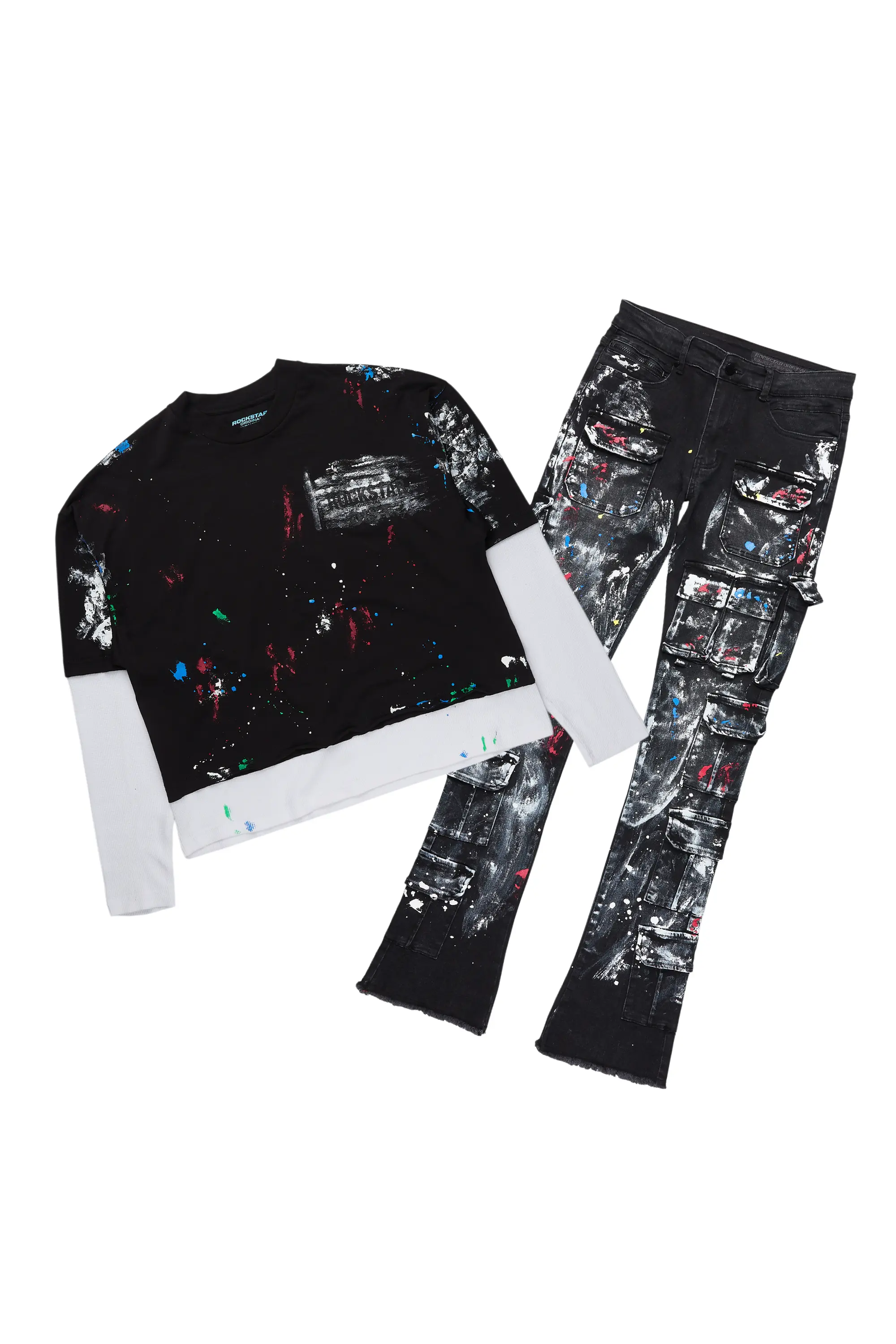 Farrow Black Painter Double Layer T-Shirt/Stacked Flare Jean Bundle