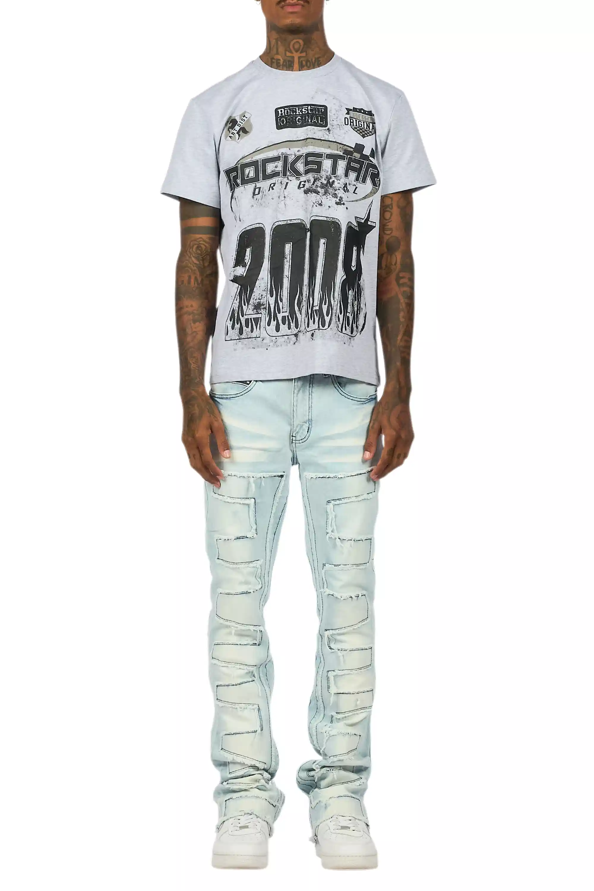 Amos Heather Grey Graphic T-Shirt/Stacked Flare Jean Bundle - Image 11