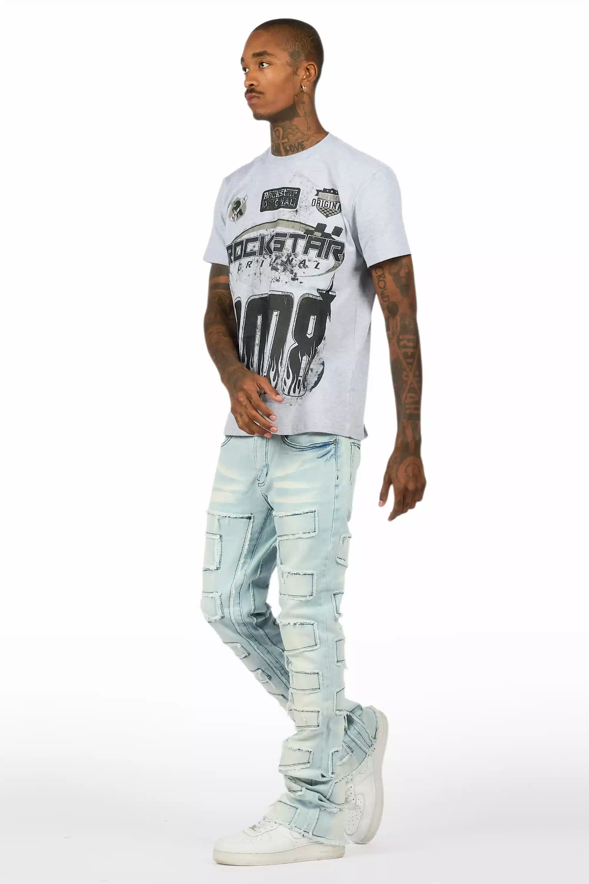 Amos Heather Grey Graphic T-Shirt/Stacked Flare Jean Bundle - Image 6