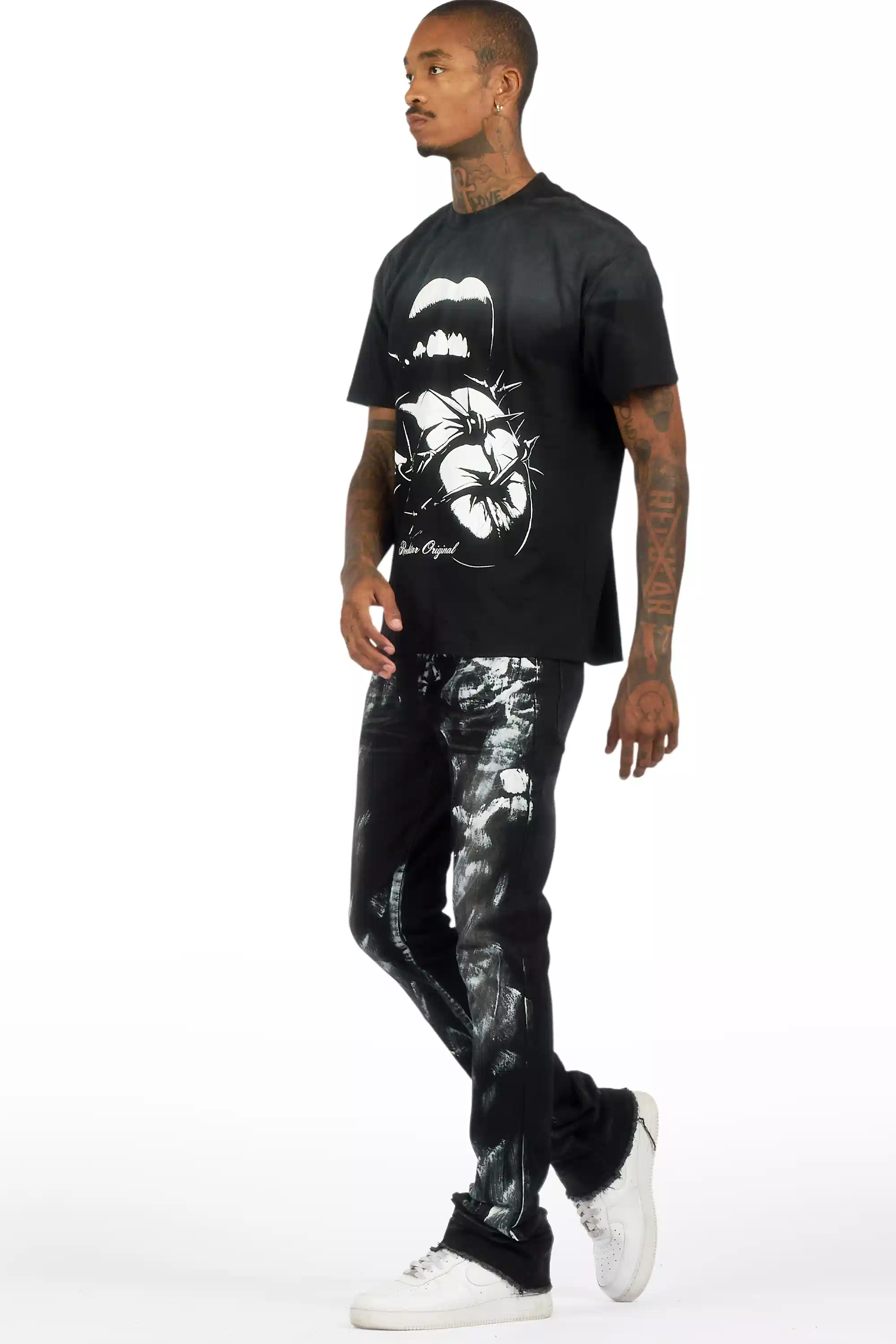 Schmear Black Oversized Graphic T-Shirt/Painted Stacked Flare Jean Bundle - Image 6