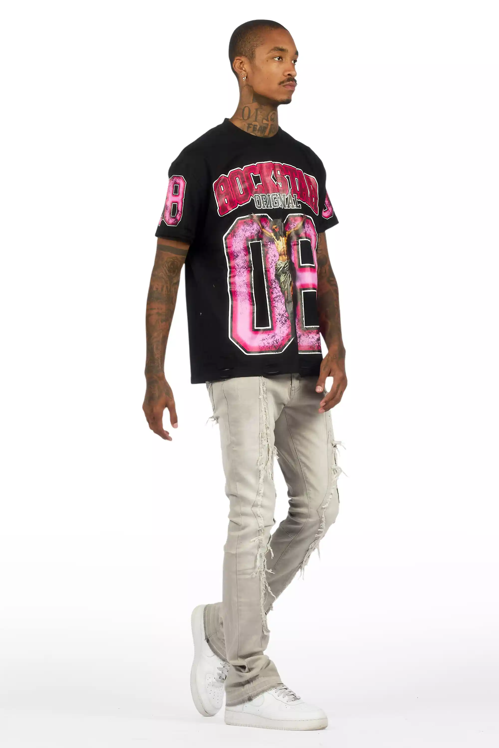 Fields Black Oversized Graphic T-Shirt/Painted Stacked Flare Jean - Image 4