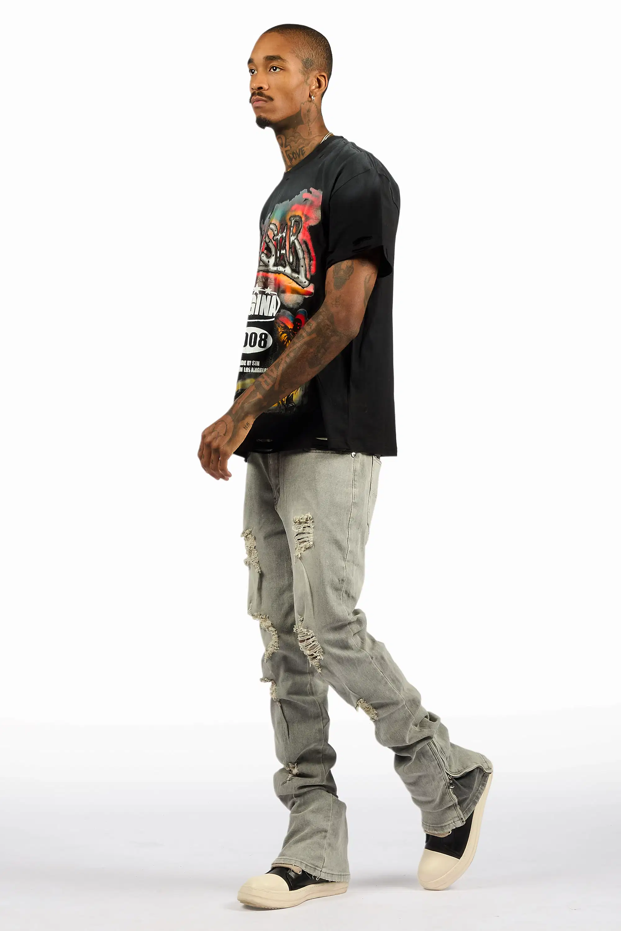 Farren Black Oversized Graphic T-Shirt/Stacked Flare Jean Bundle - Image 10