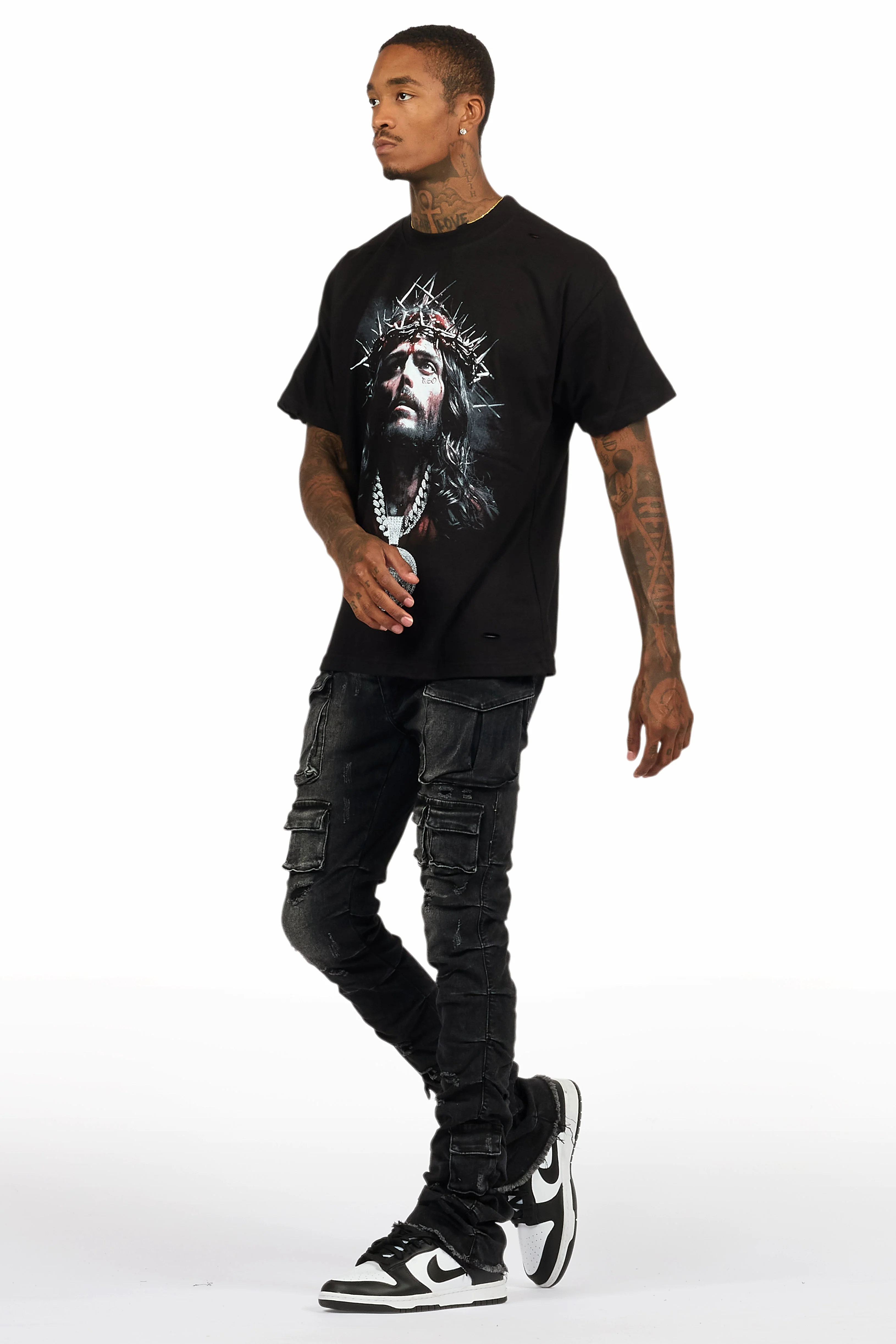 Amina Black Washed T-Shirt Stacked Flare Jean Set - Image 7