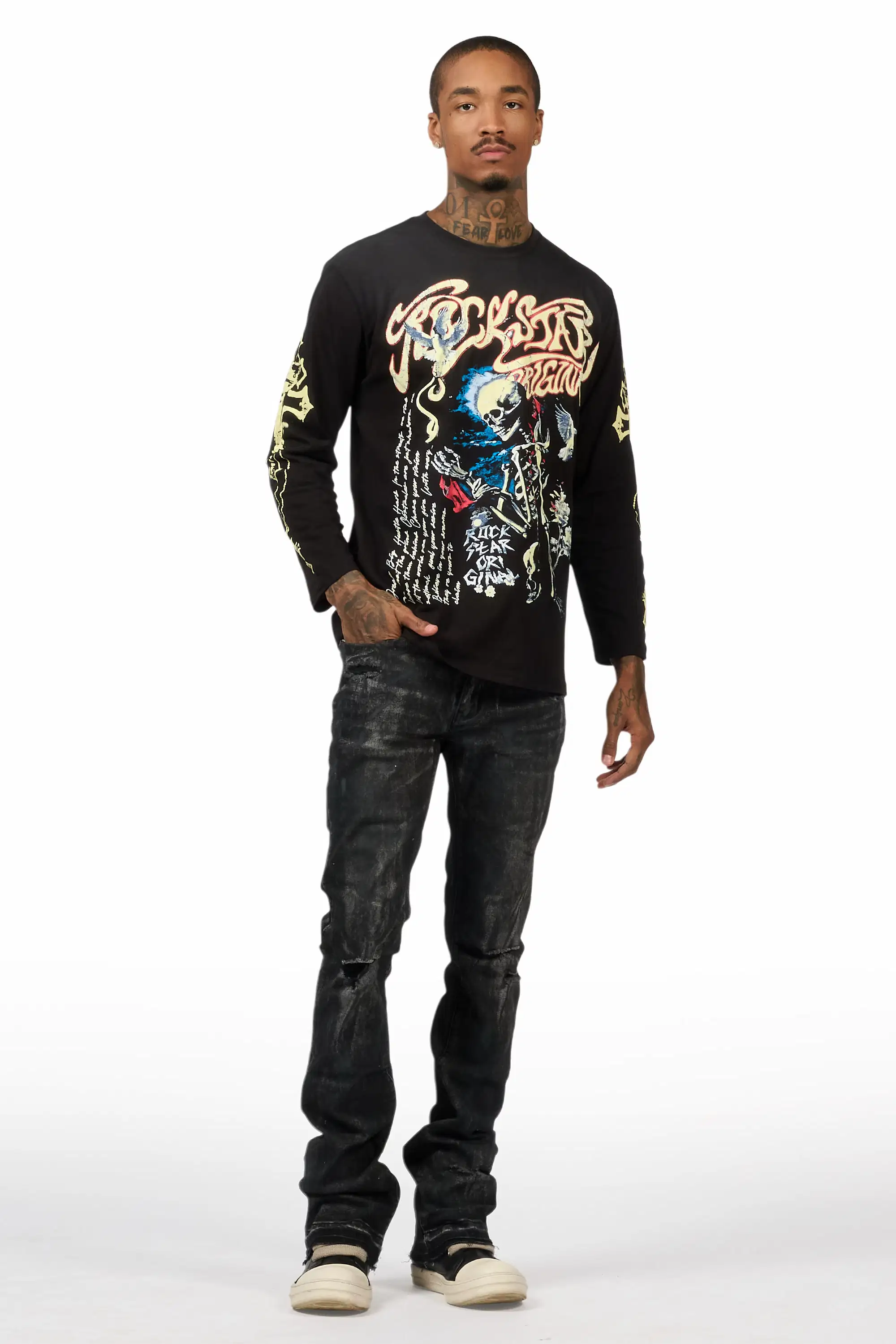 Danby Black Long Sleeve & Inkspill Grey Oil Wash Stacked Flare Jean Bundle - Image 2