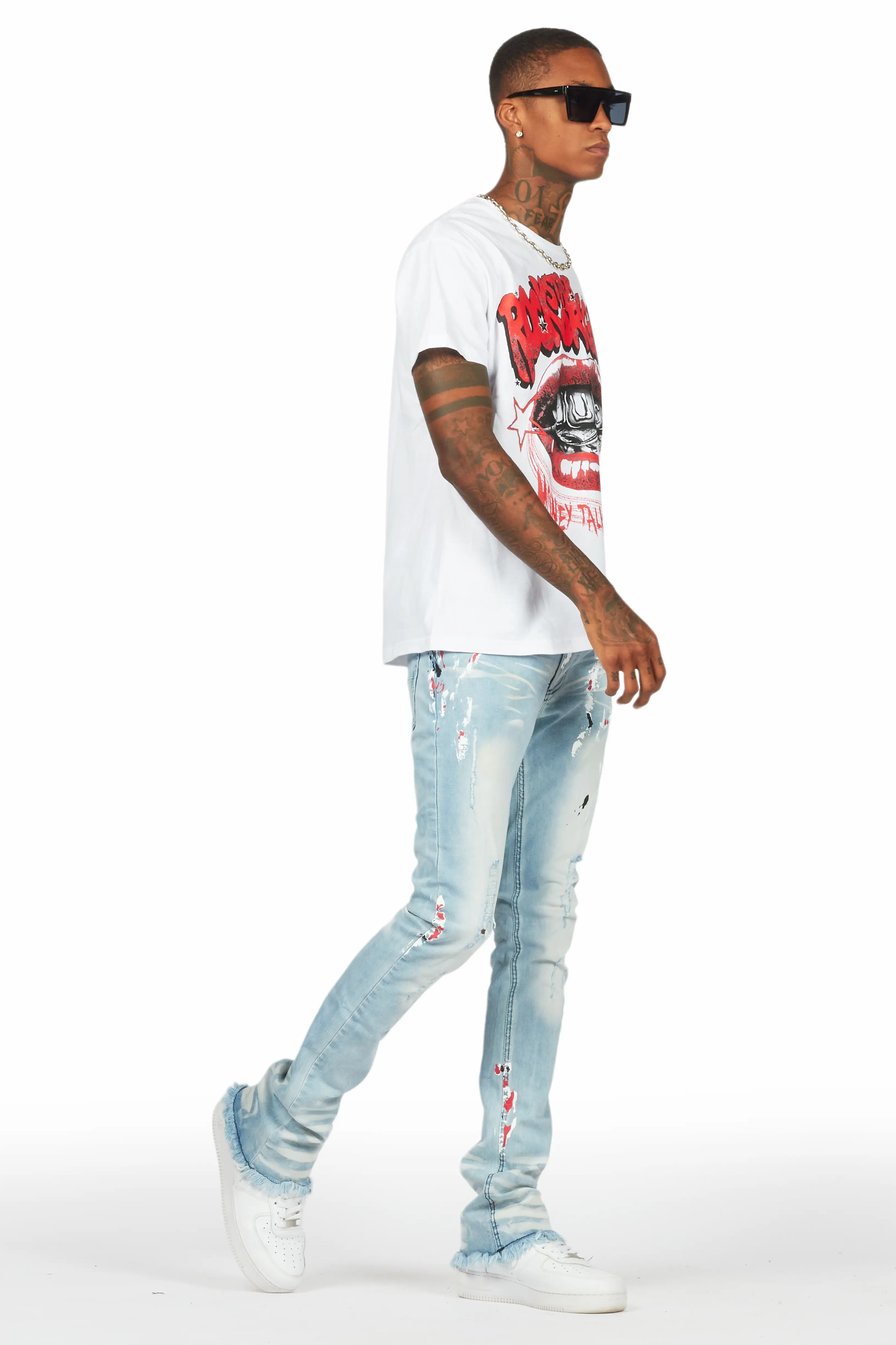 Bloke White/Blue T-Shirt/Stacked Flare Jean Set - Image 7