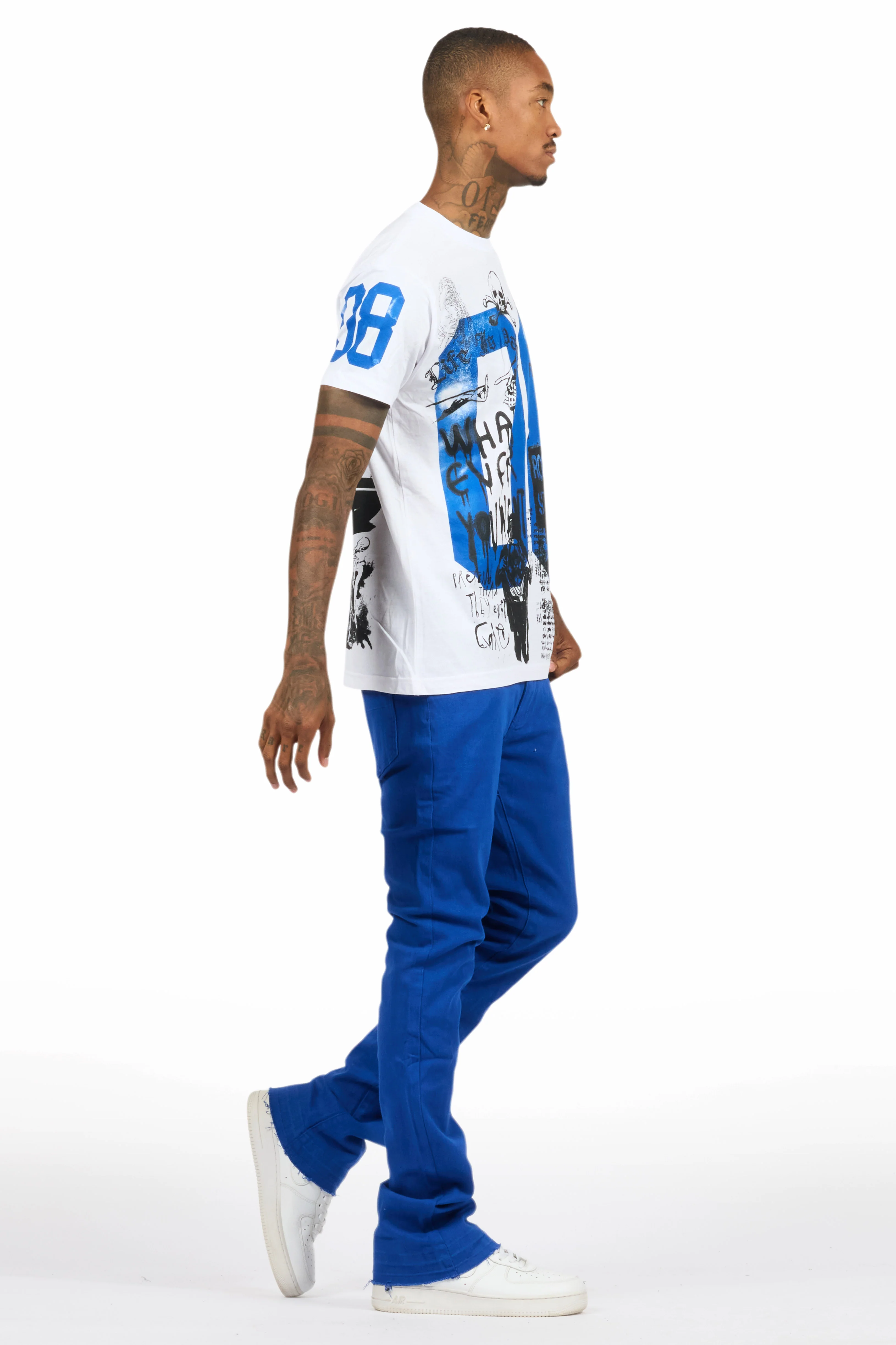 Grill White/Royal Blue Oversized Graphic T-Shirt/Dag Stacked Flare Jean Set - Image 10