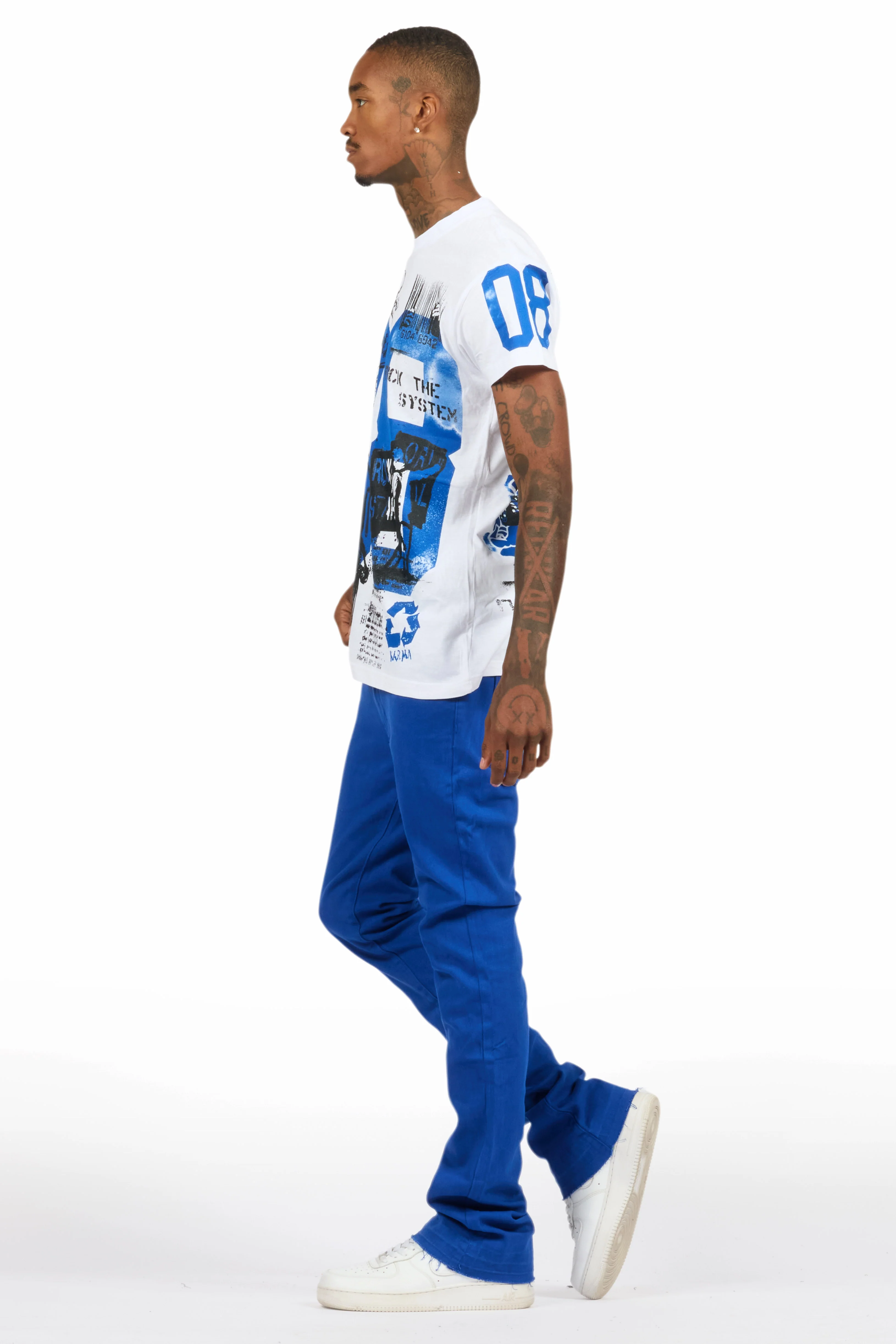 Grill White/Royal Blue Oversized Graphic T-Shirt/Dag Stacked Flare Jean Set - Image 12