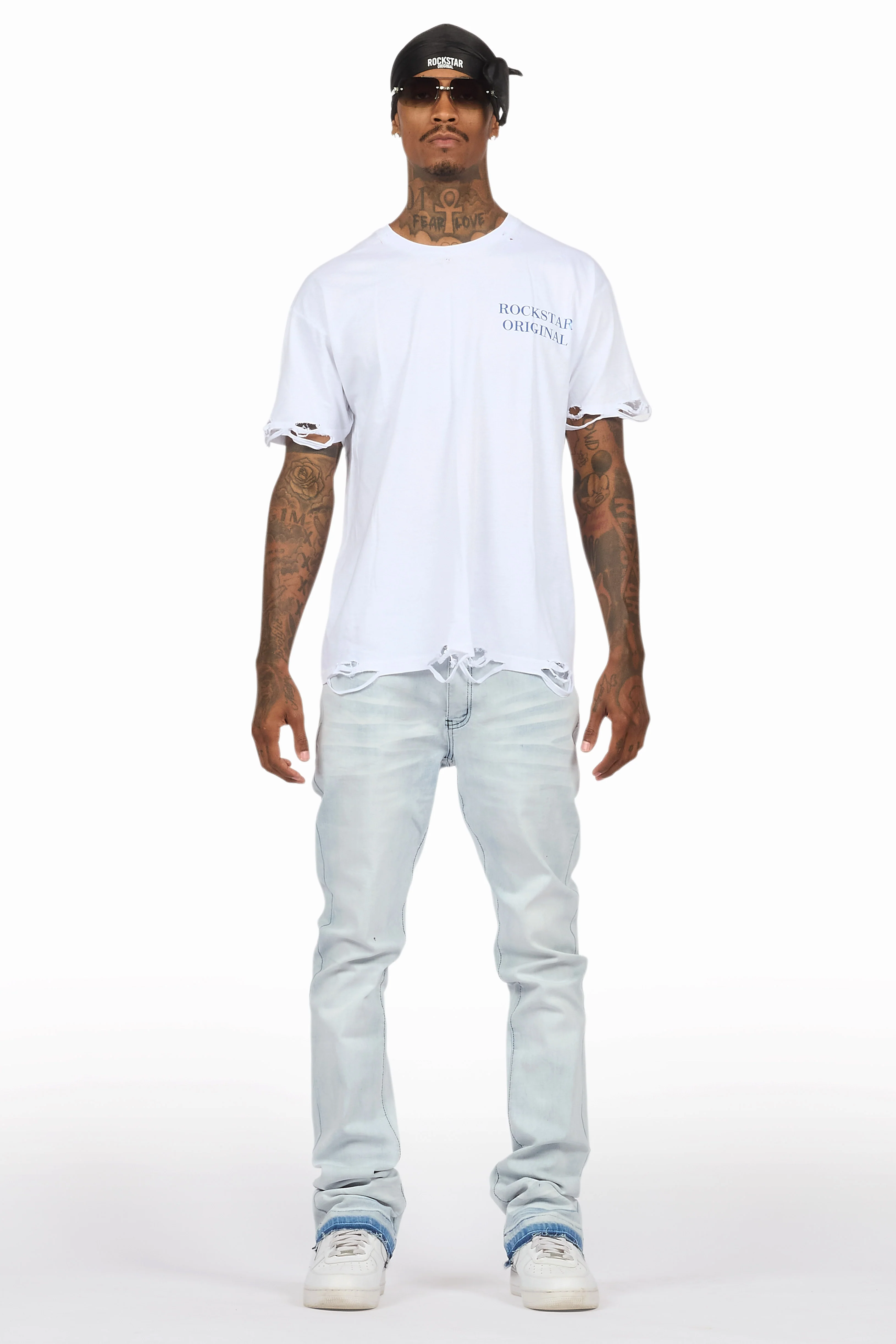 Drako White/Blue Oversized Graphic T-Shirt/Dag Stacked Flare Jean Set - Image 2
