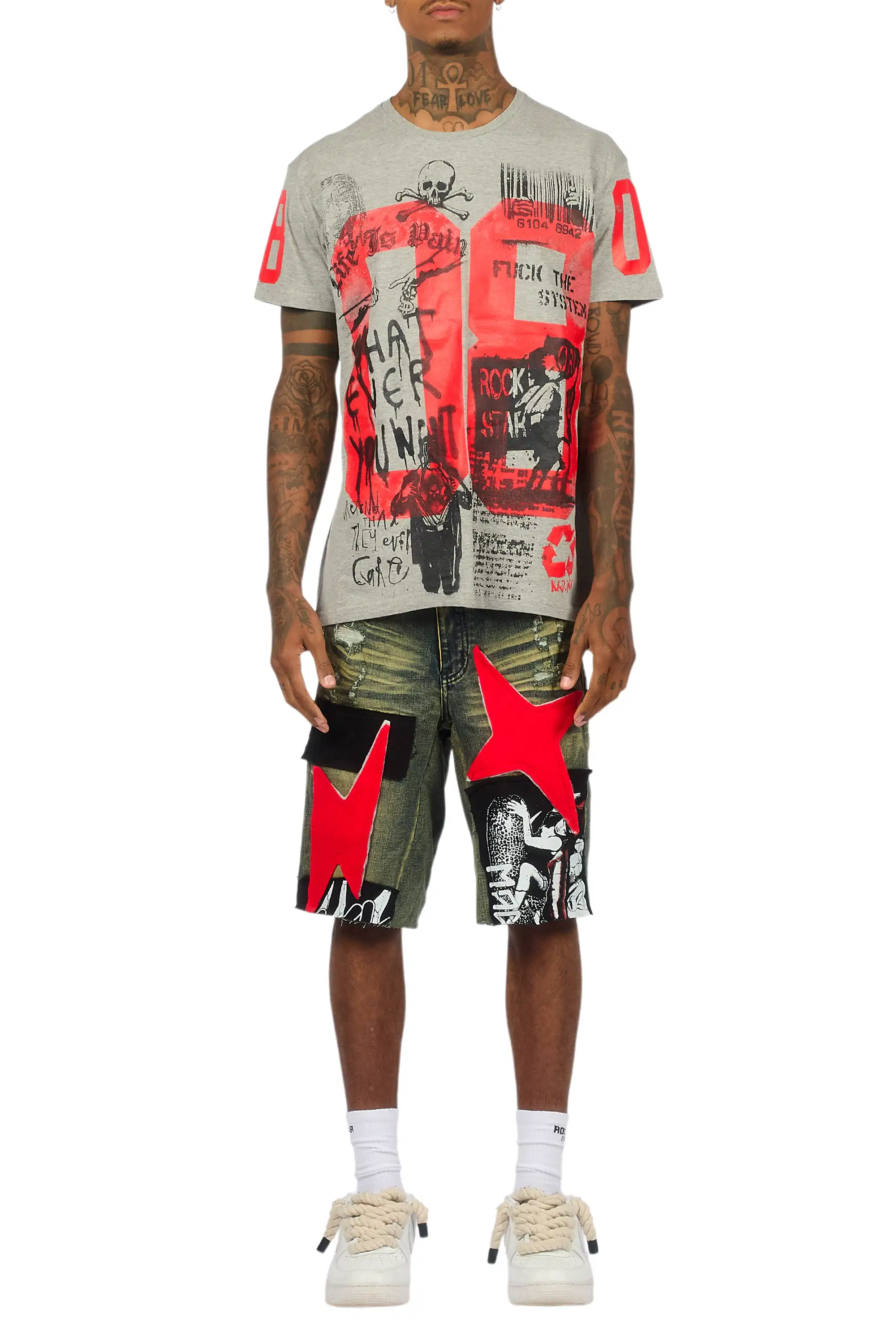 Grill Heather Grey/Red T-Shirt/Denim Short Set - Image 12