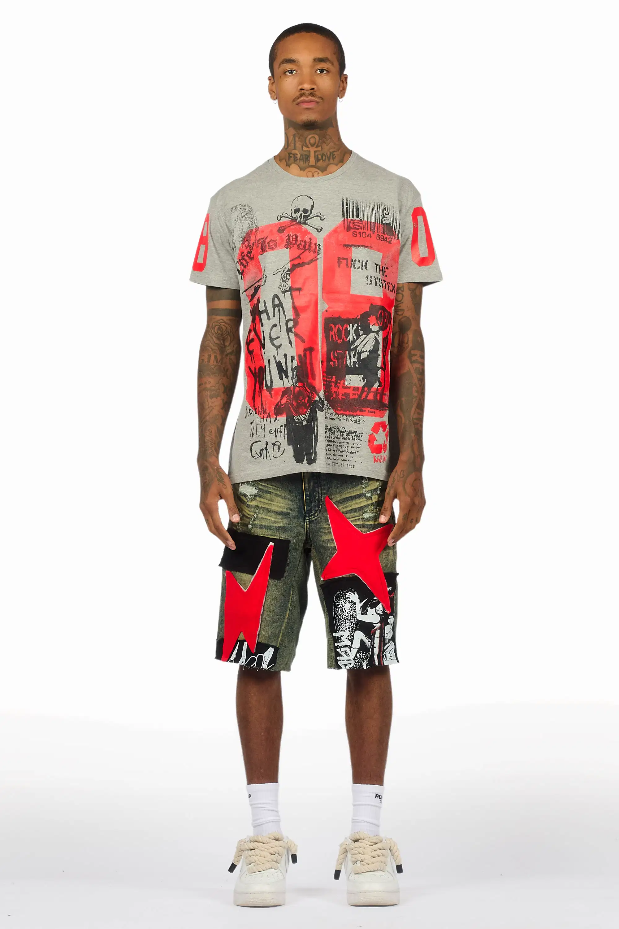 Grill Heather Grey/Red T-Shirt/Denim Short Set - Image 2