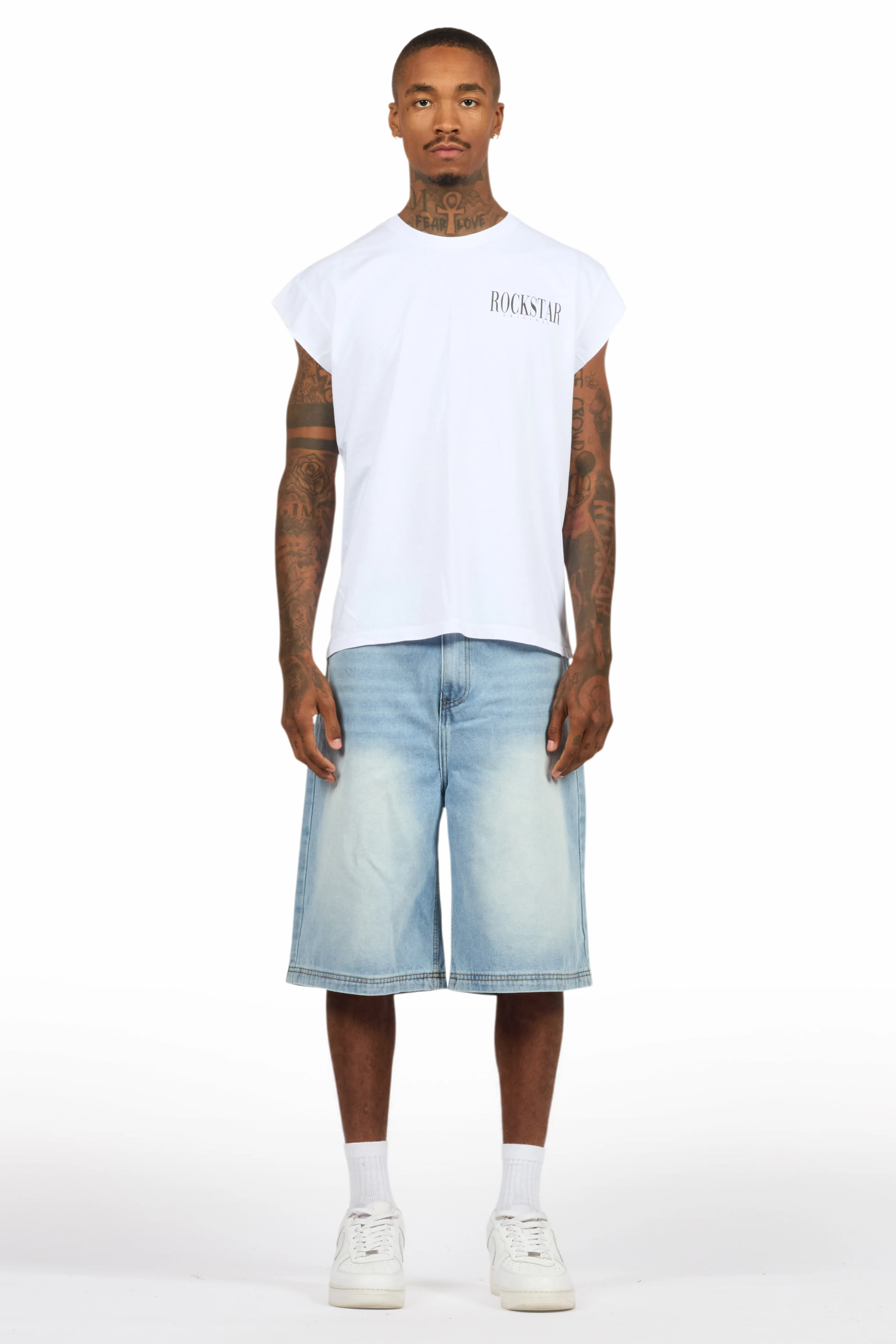 Dayte Nite White Muscle Tee/Denim Jort Set - Image 2