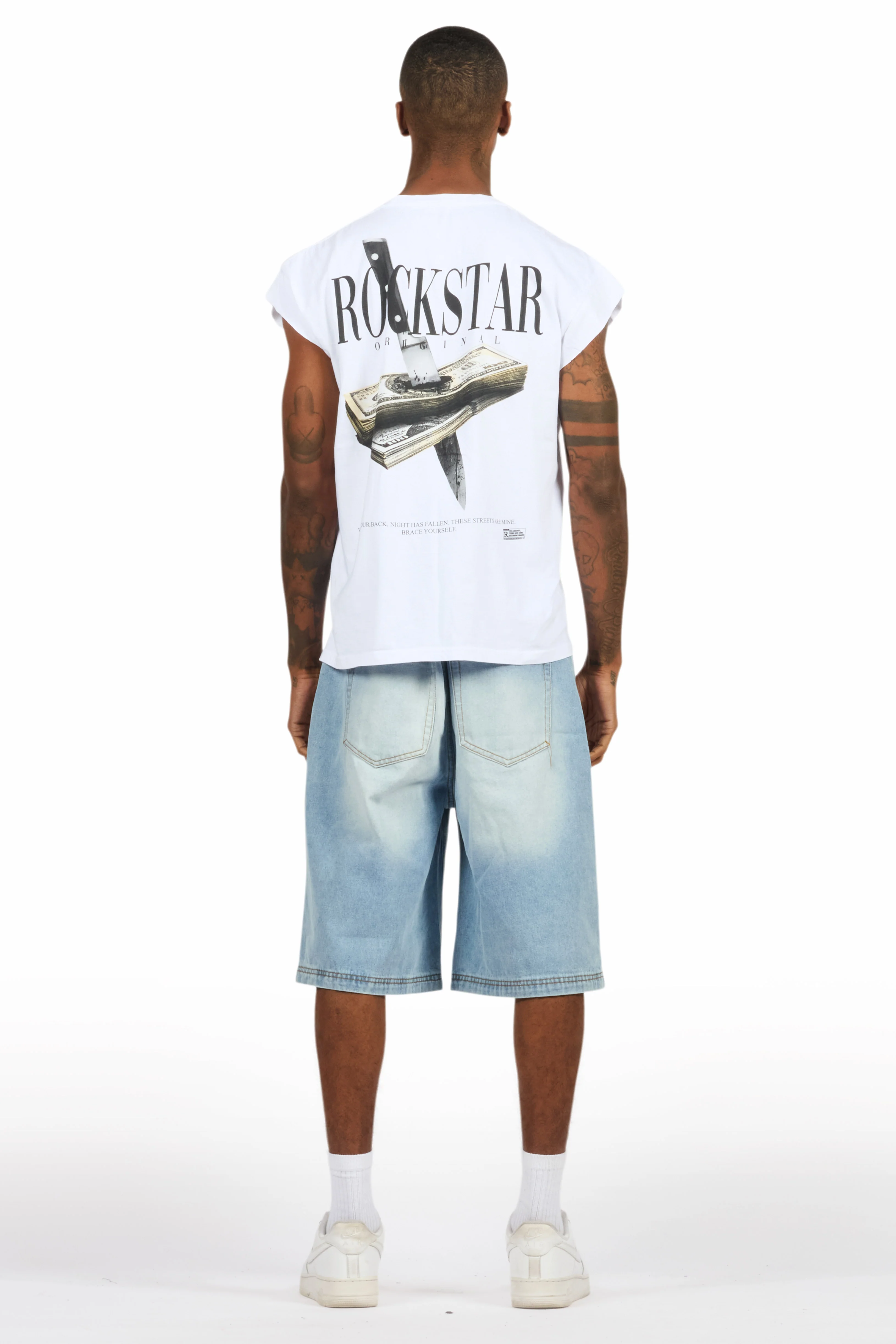 Dayte Nite White Muscle Tee/Denim Jort Set - Image 4