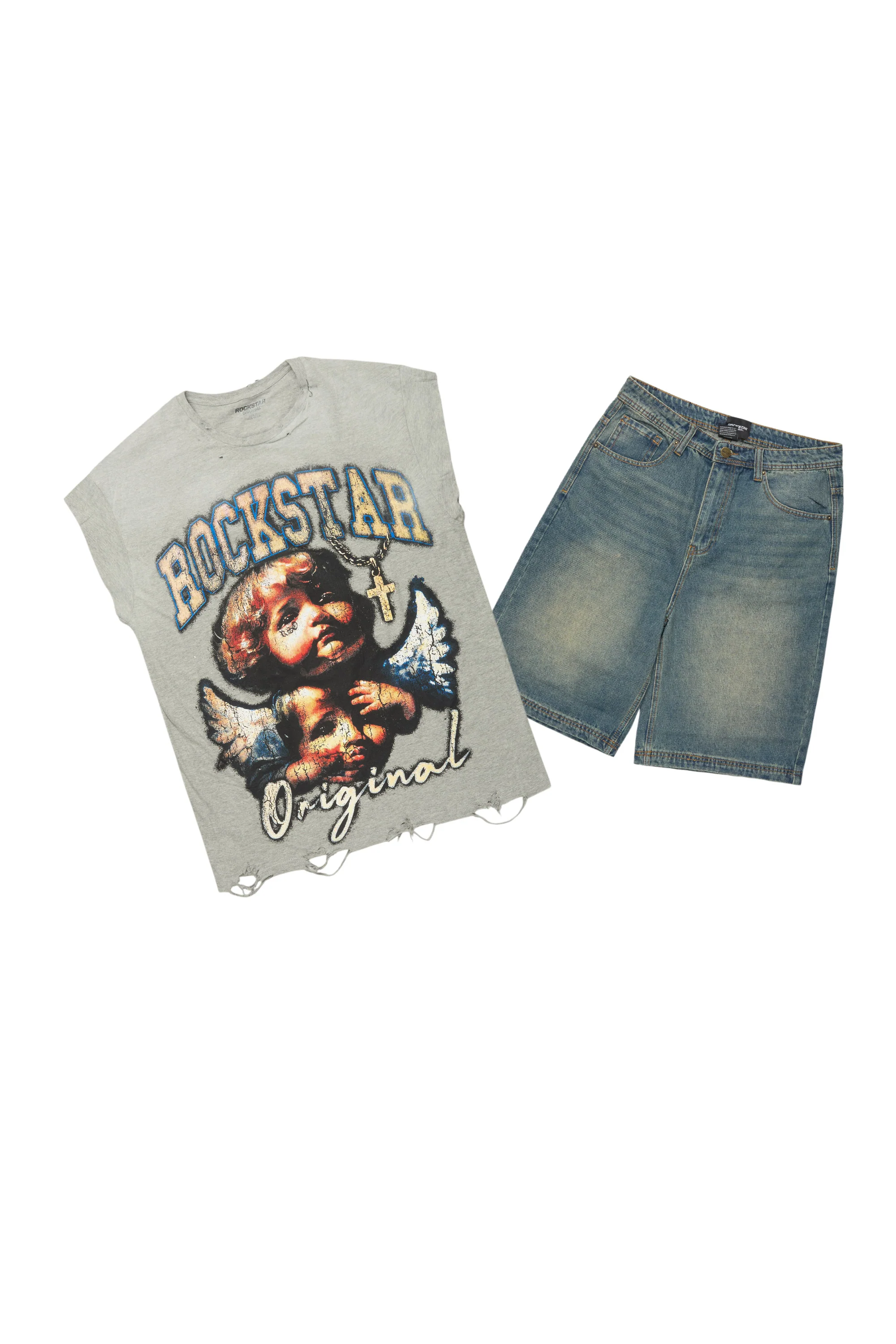 Deiter Heather Grey Muscle Tee/Denim Jort Set