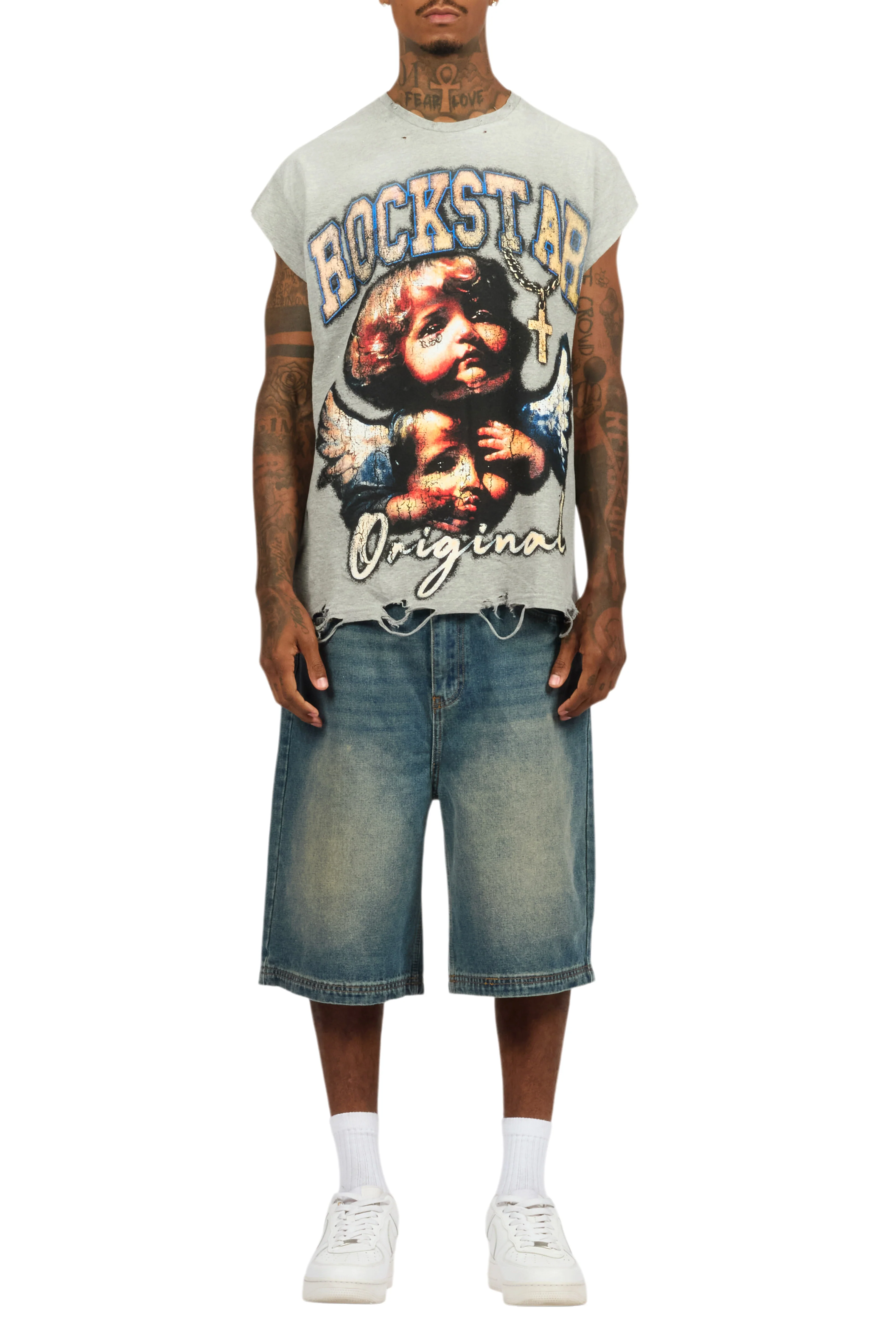 Deiter Heather Grey Muscle Tee/Denim Jort Set - Image 11