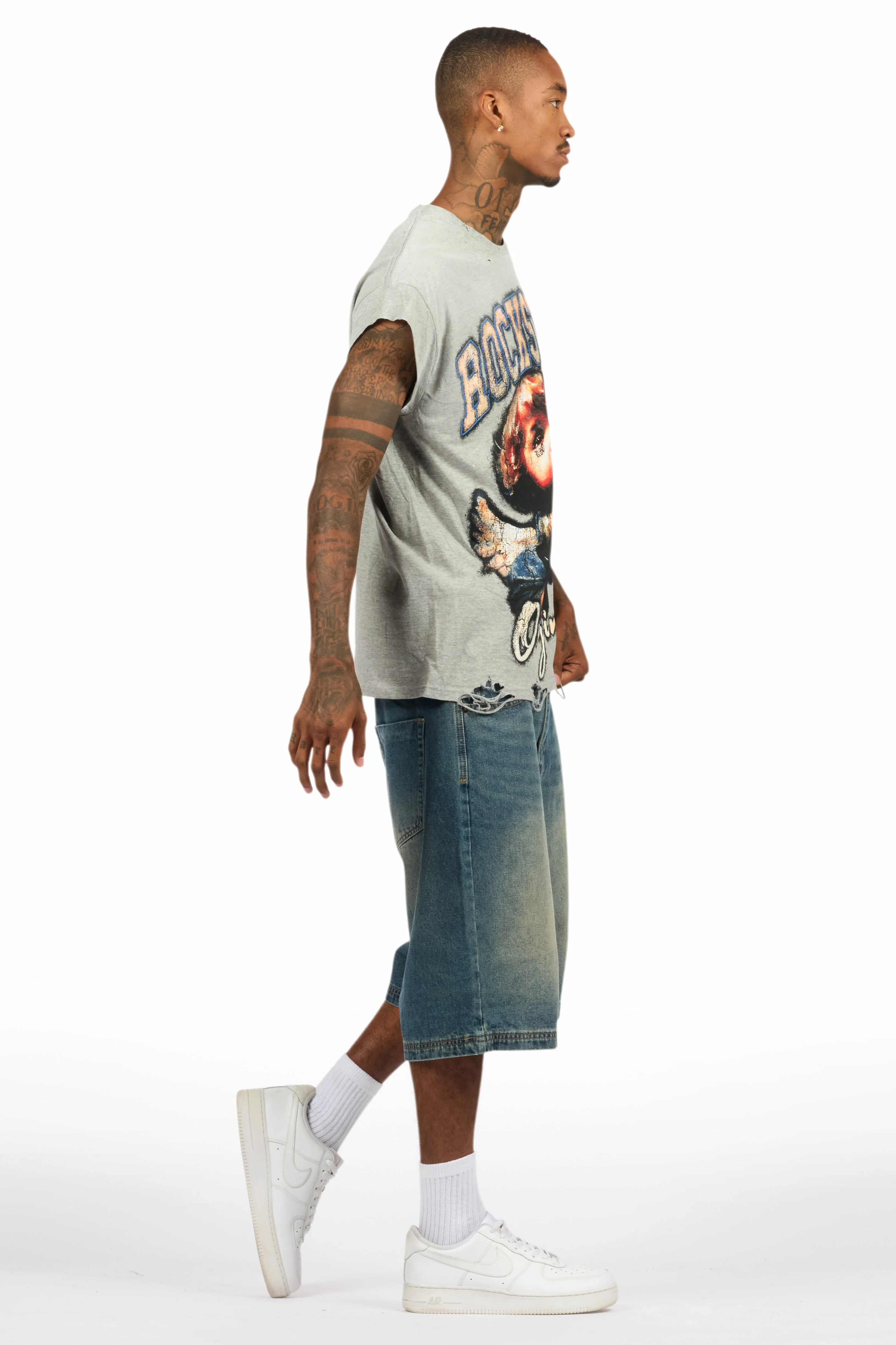 Deiter Heather Grey Muscle Tee/Denim Jort Set - Image 3
