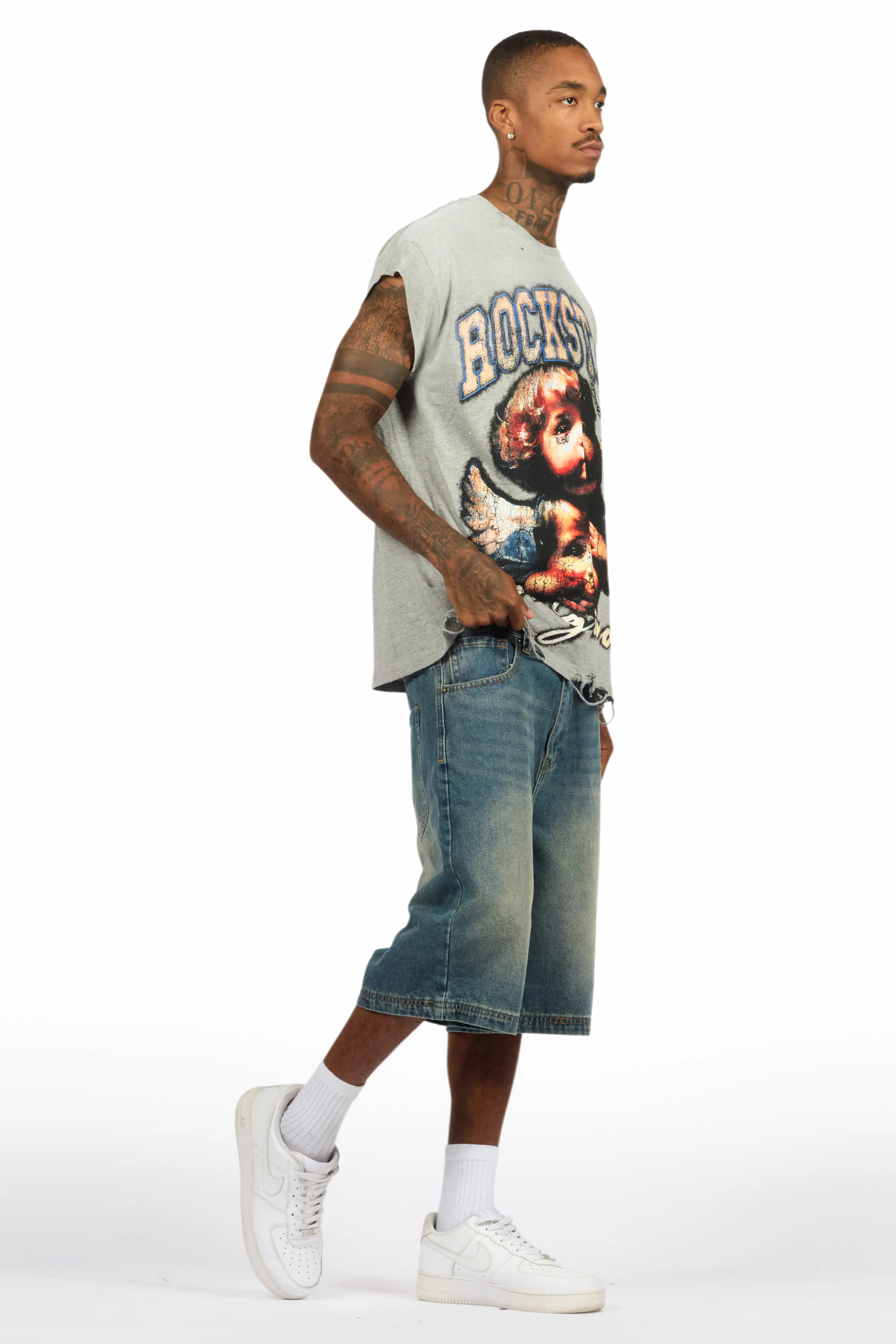 Deiter Heather Grey Muscle Tee/Denim Jort Set - Image 6