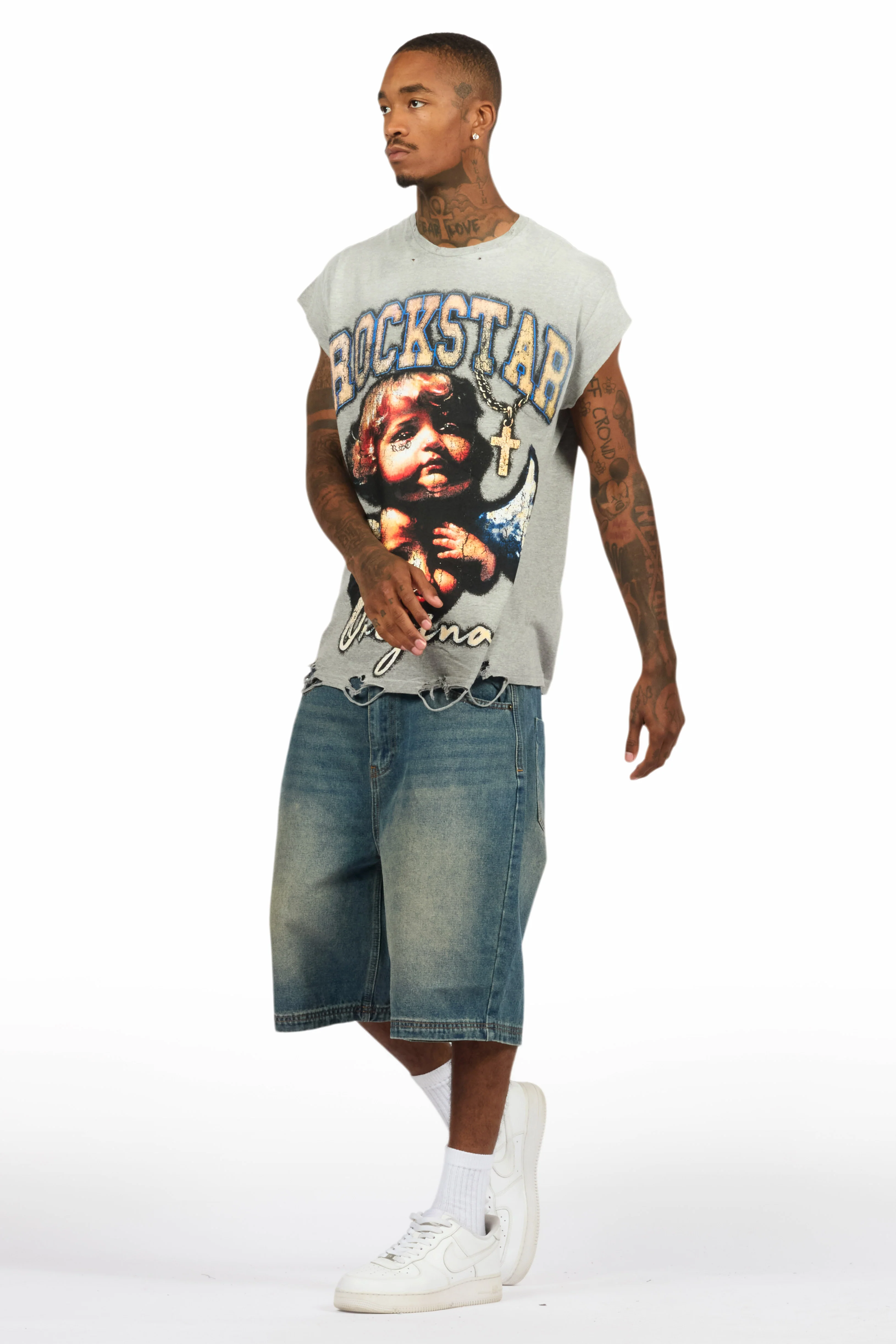 Deiter Heather Grey Muscle Tee/Denim Jort Set - Image 7