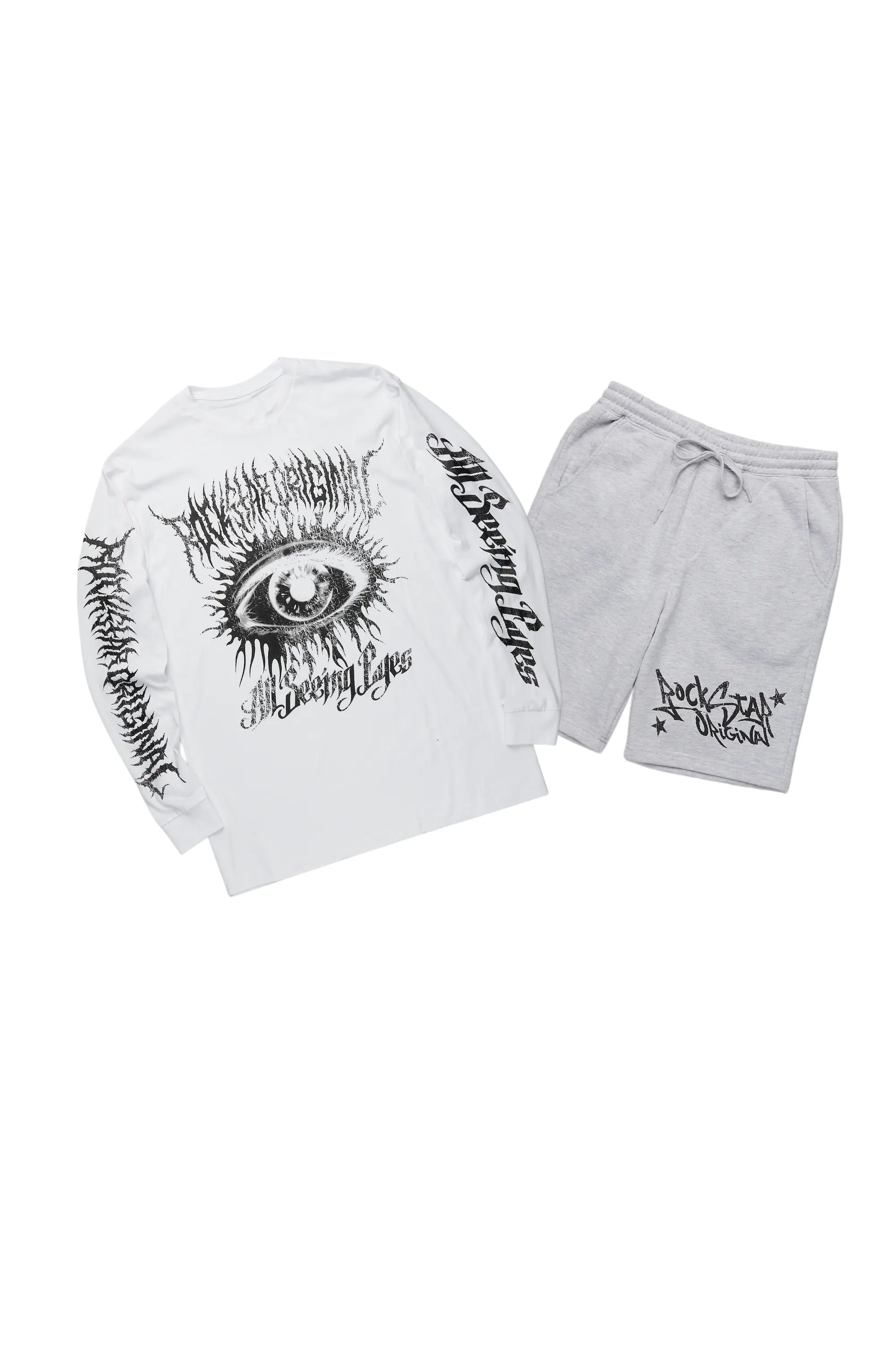 Mirelys White/Grey Long Sleeve T-Shirt Short Set